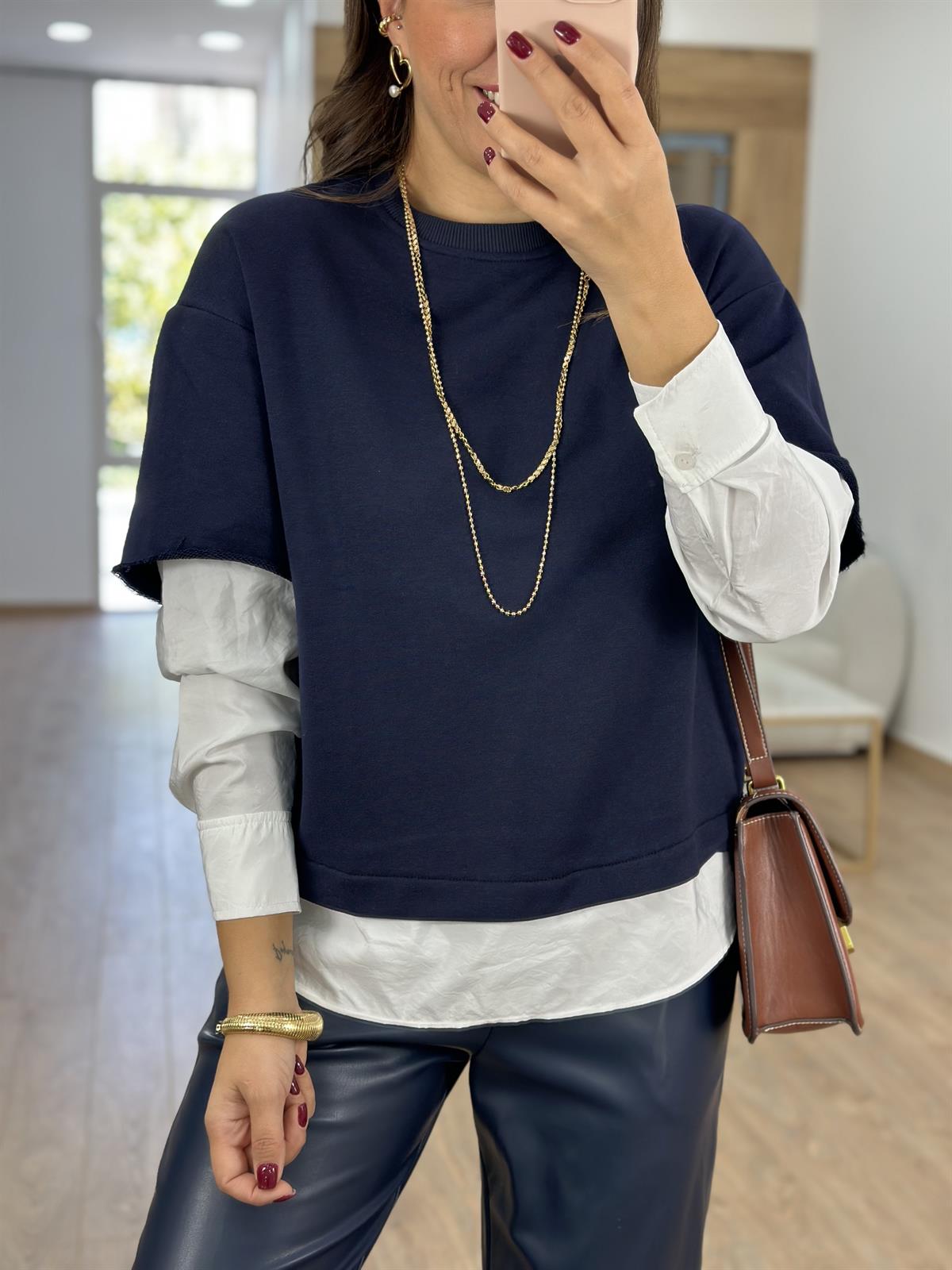 Gömlek Detaylı Sweatshirt-Lacivert