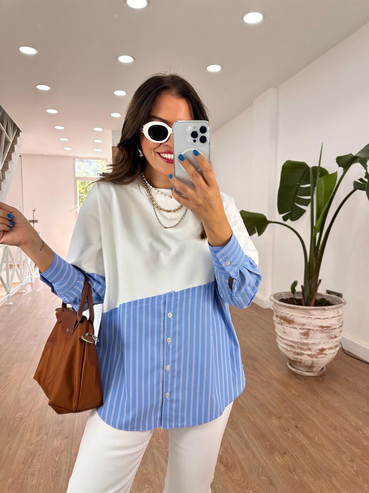 Gömlek Detaylı Sweatshirt - Mavi