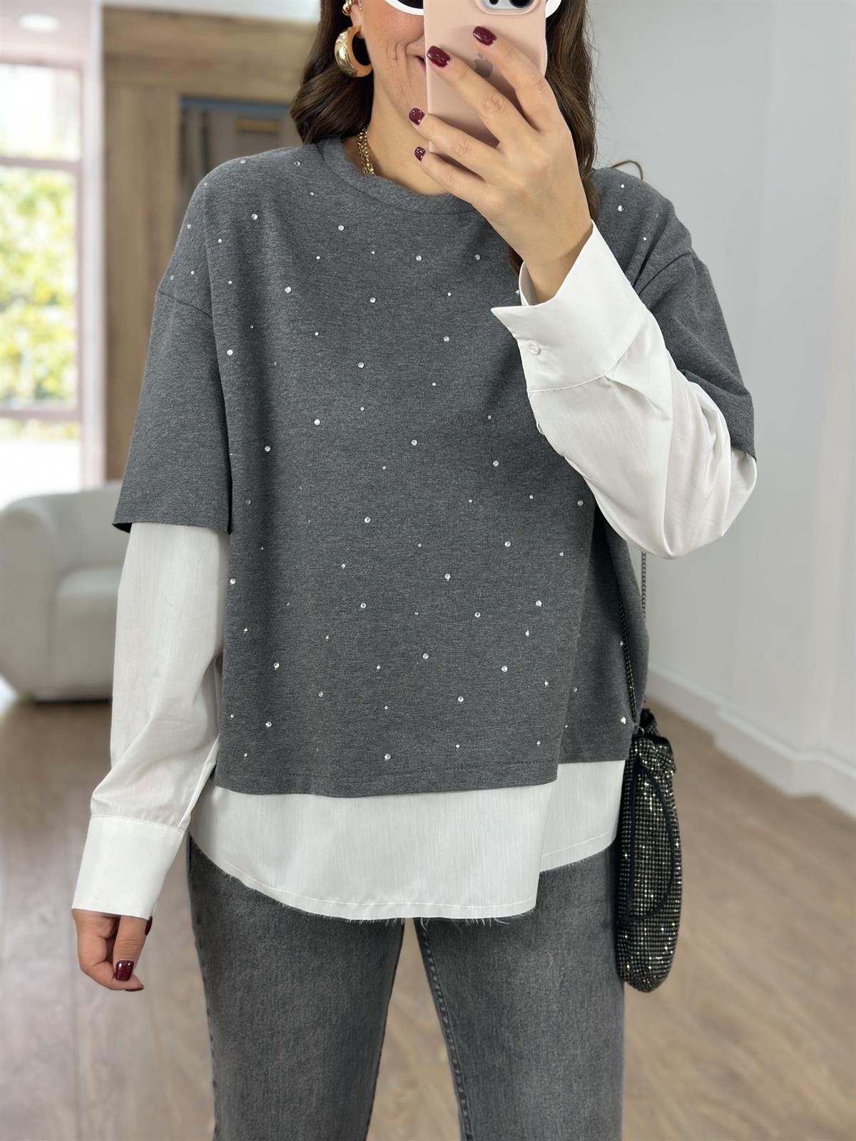 Gömlek Detaylı Taşlı Sweatshirt-Gri