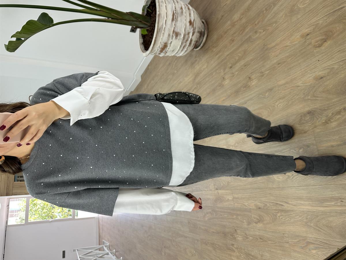 Gömlek Detaylı Taşlı Sweatshirt-Gri