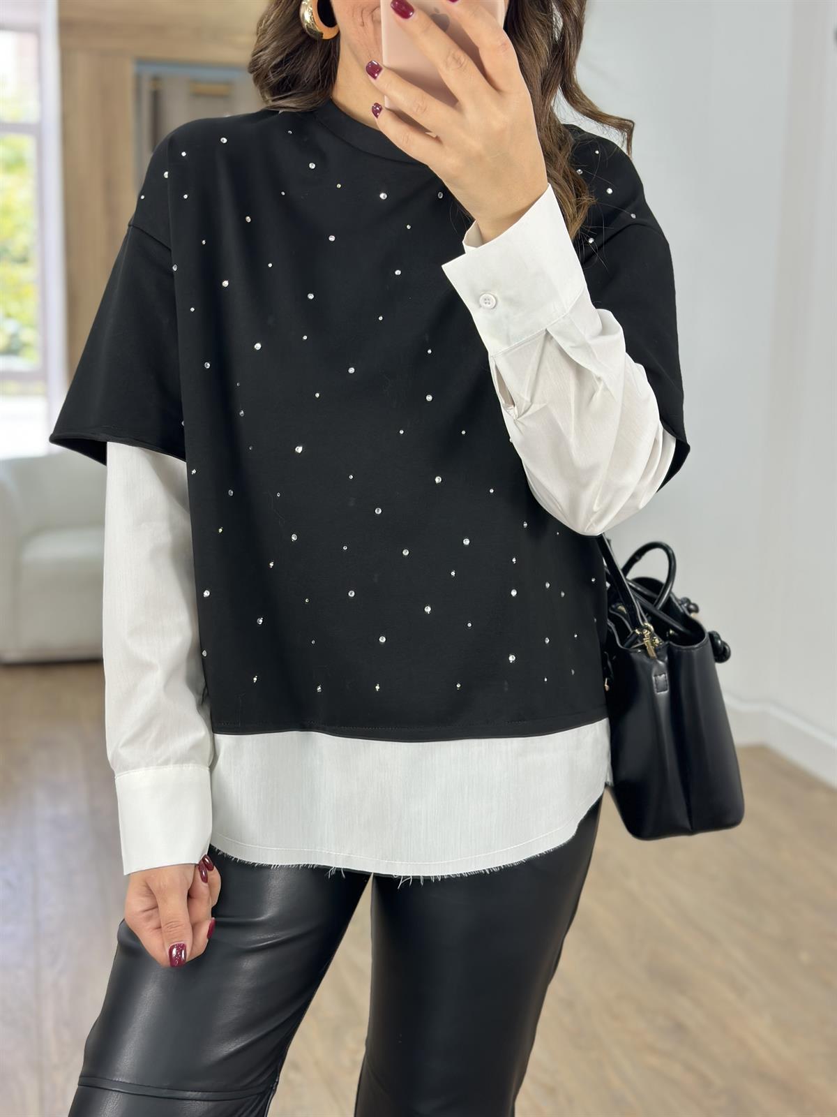 Gömlek Detaylı Taşlı Sweatshirt-Siyah