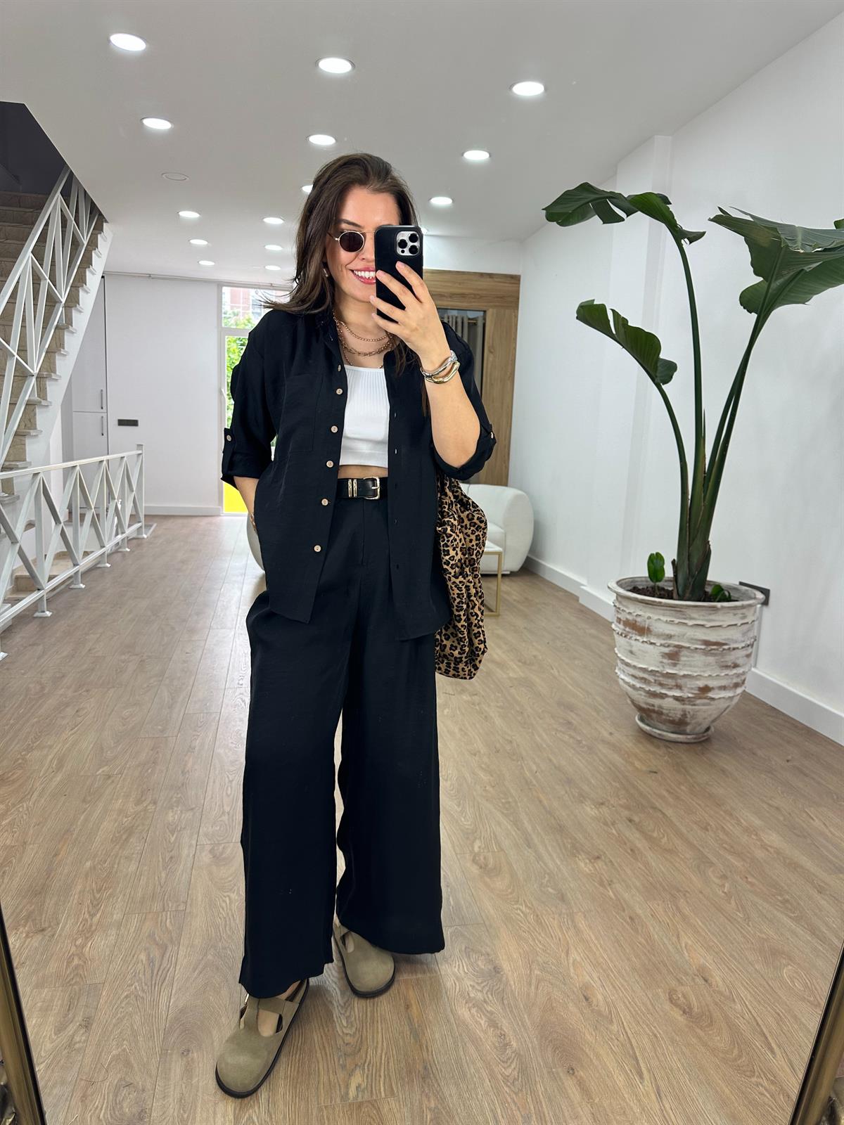 Gömlek Pantolon Keten Takım-Siyah