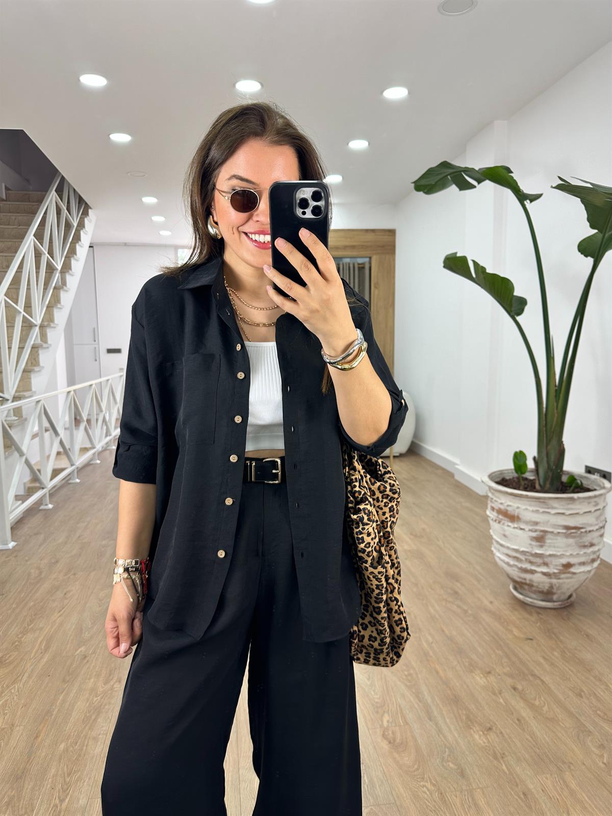 Gömlek Pantolon Keten Takım-Siyah