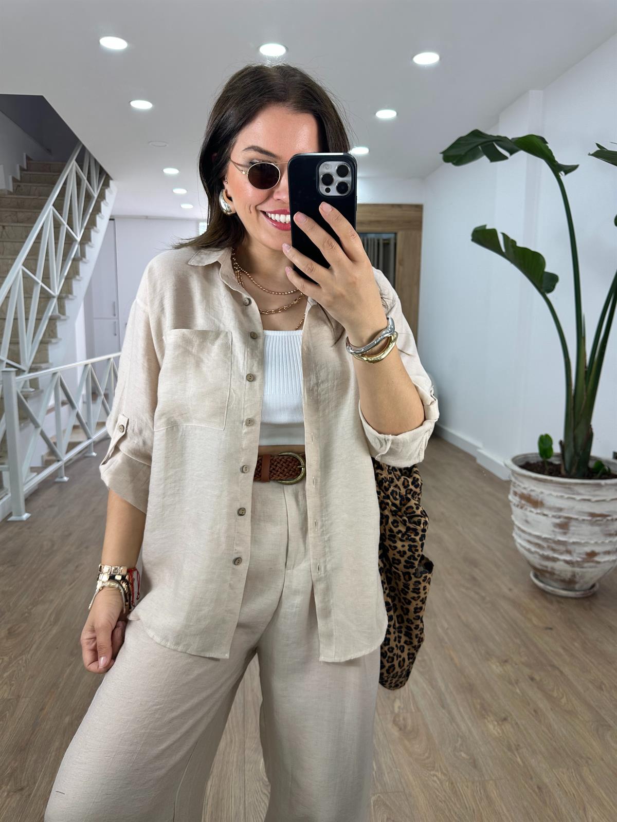 Gömlek Pantolon Keten Takım-Taş