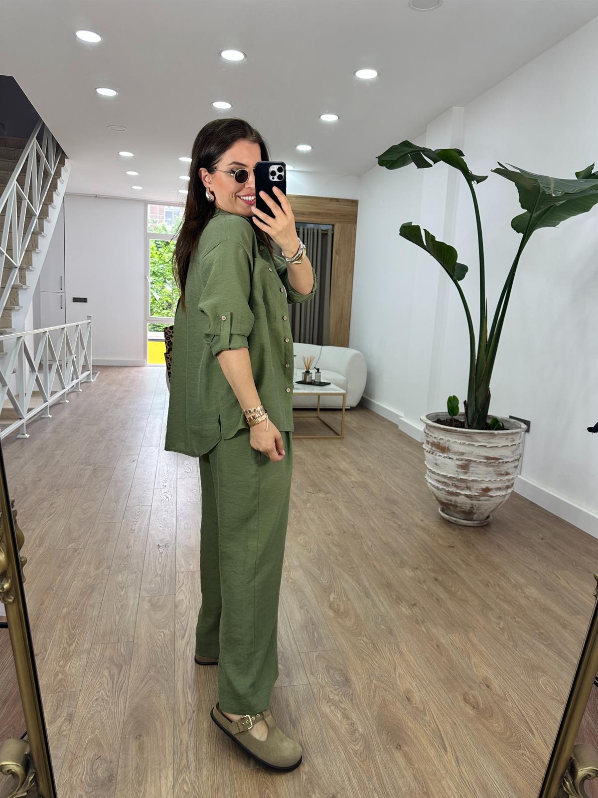 Gömlek Pantolon Keten Takım-Yeşil