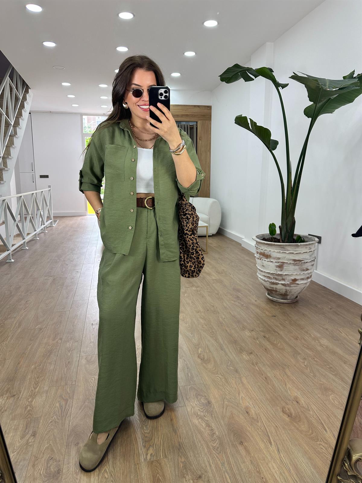 Gömlek Pantolon Keten Takım-Yeşil