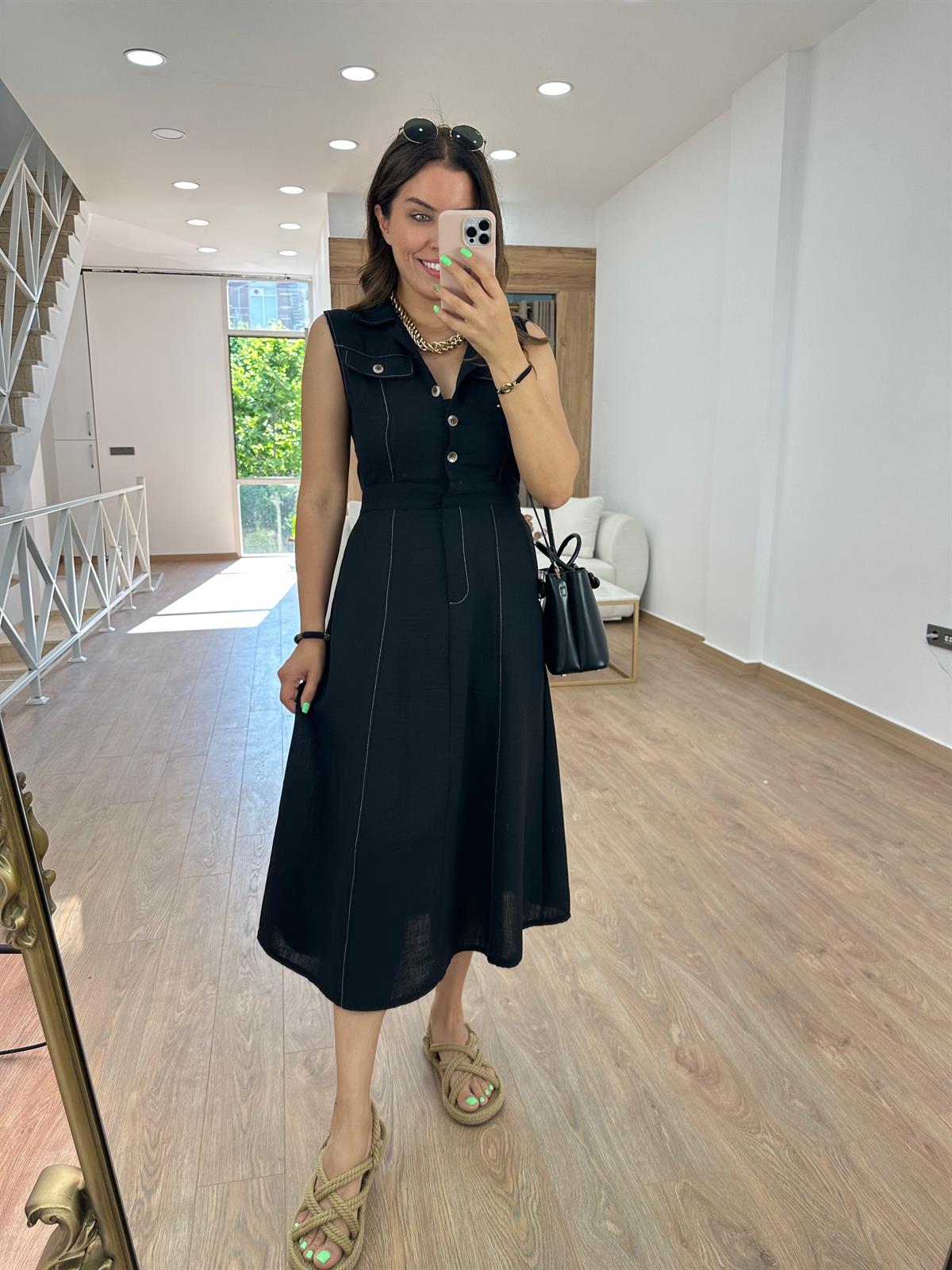 Gömlek Yaka Cepli Keten Elbise-Siyah