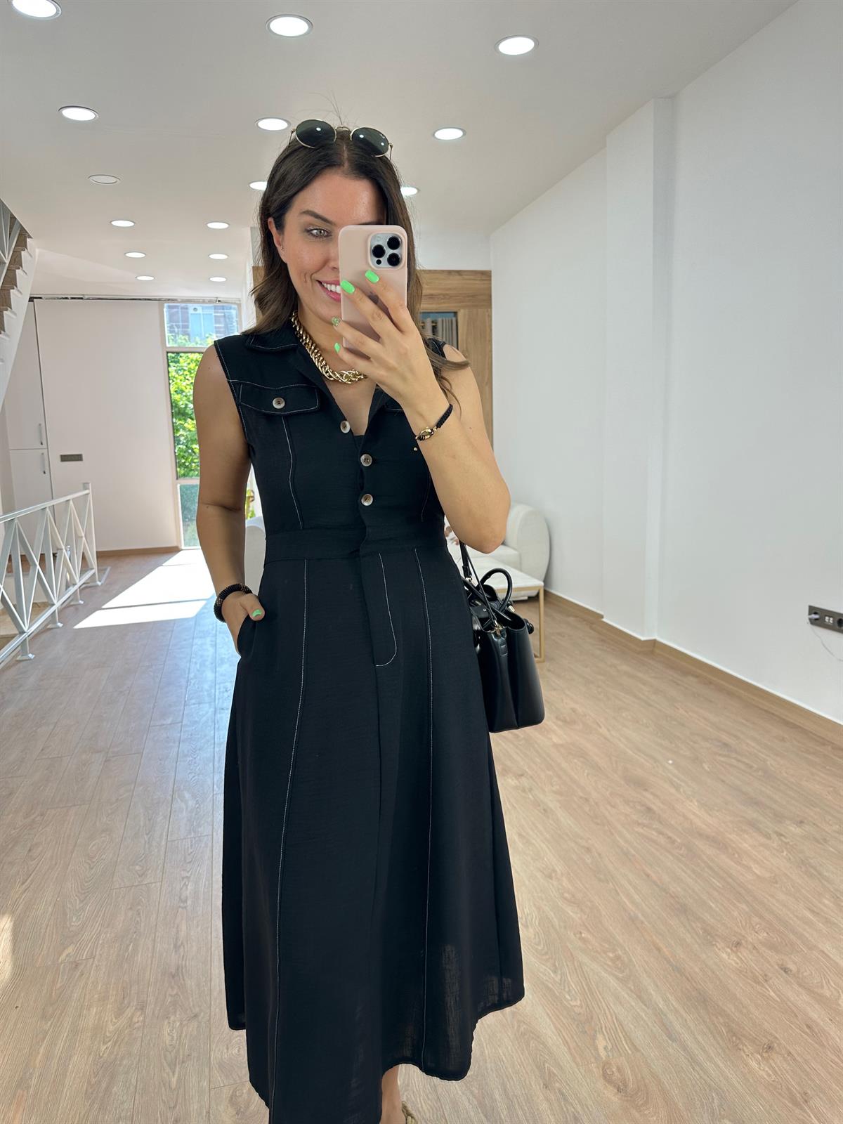 Gömlek Yaka Cepli Keten Elbise-Siyah