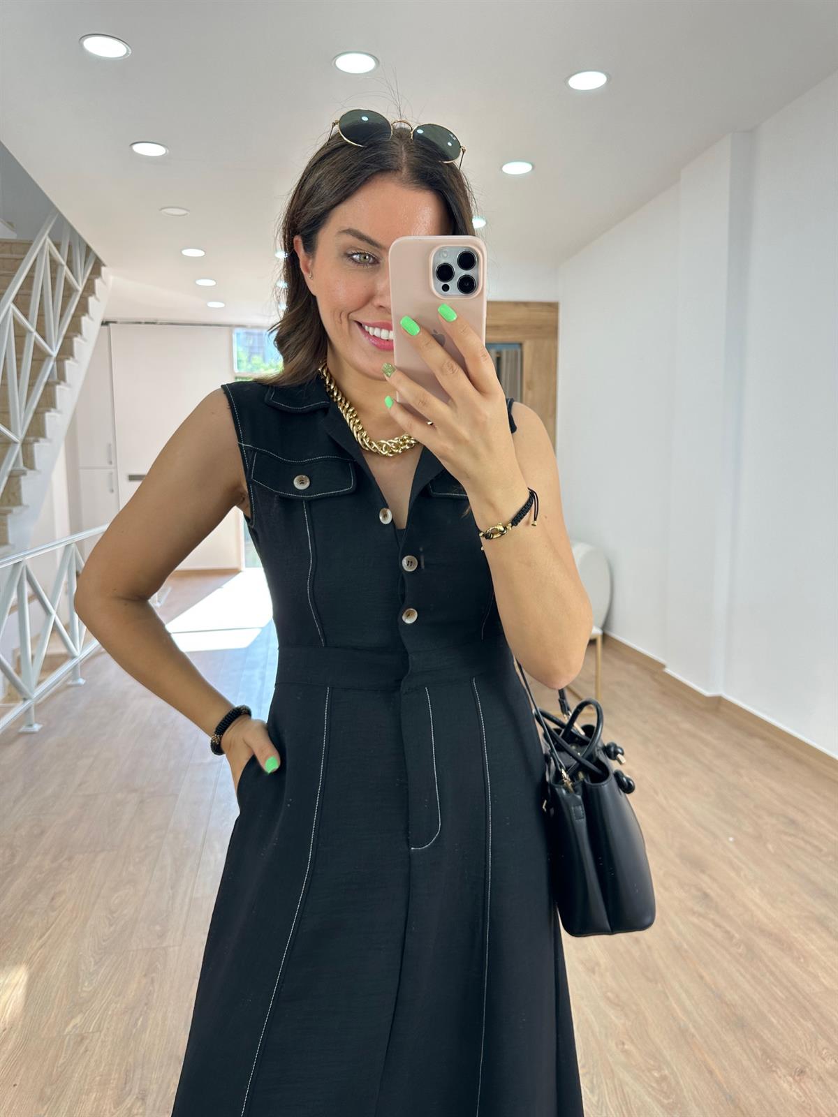 Gömlek Yaka Cepli Keten Elbise-Siyah