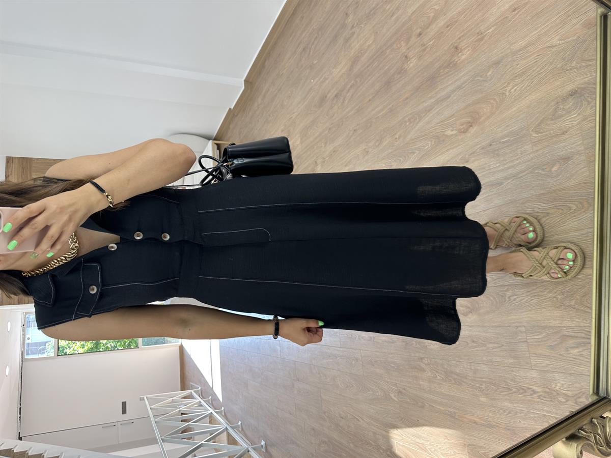 Gömlek Yaka Cepli Keten Elbise-Siyah