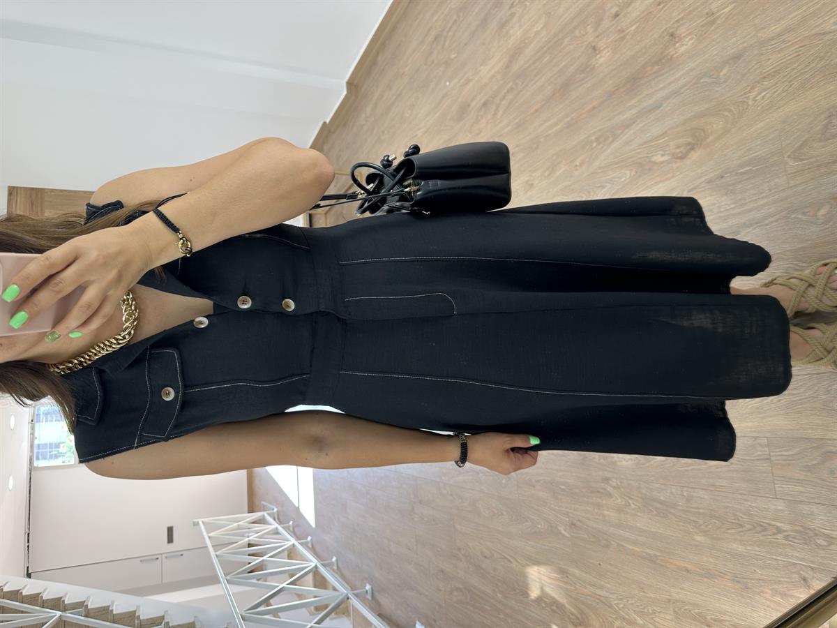 Gömlek Yaka Cepli Keten Elbise-Siyah