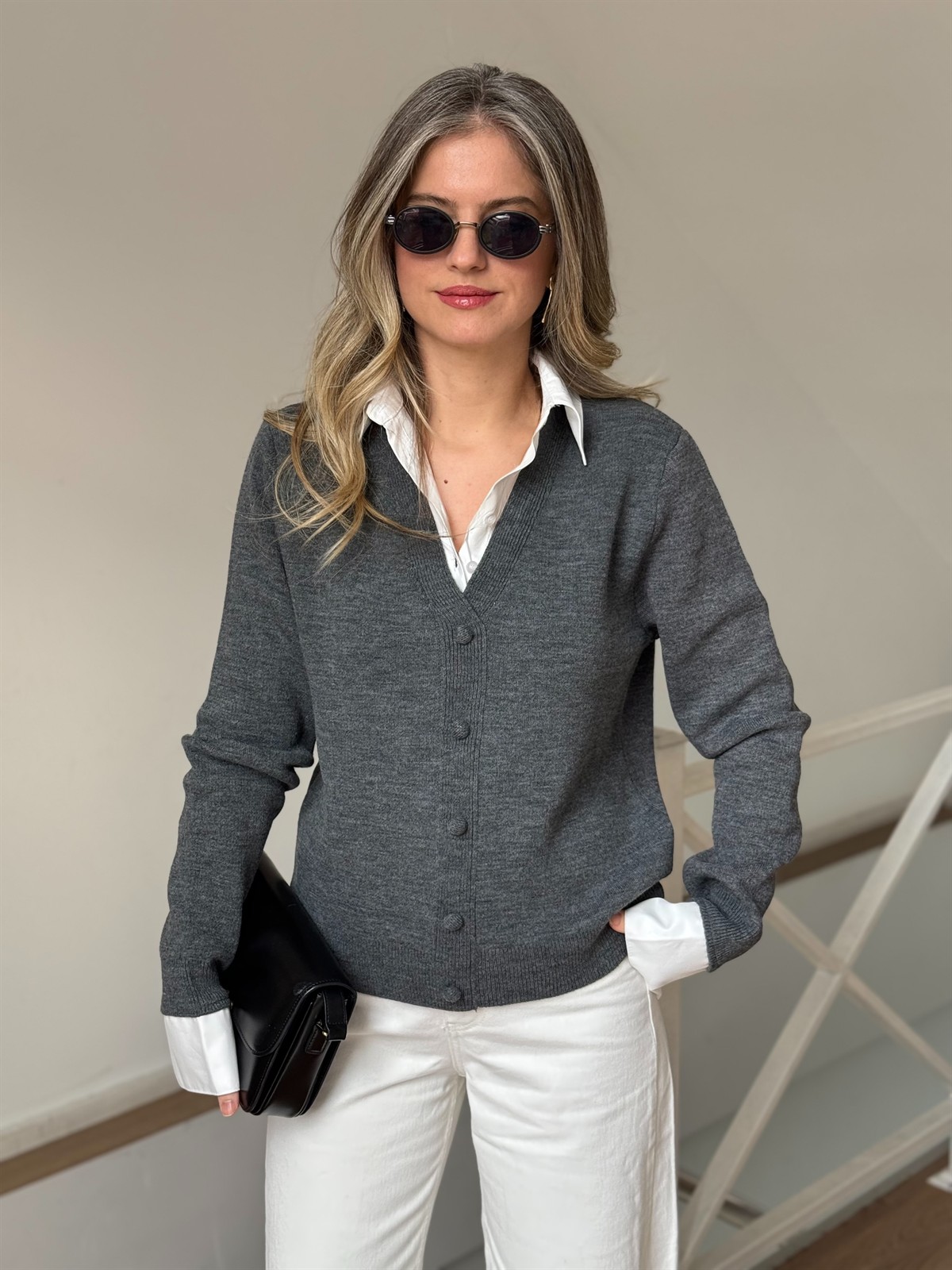 Gömlek Yaka Hırka - Antrasit