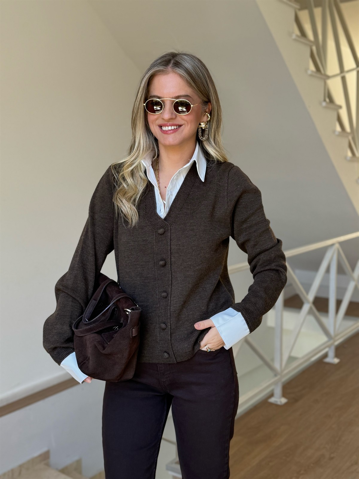 Gömlek Yaka Hırka - Kahverengi