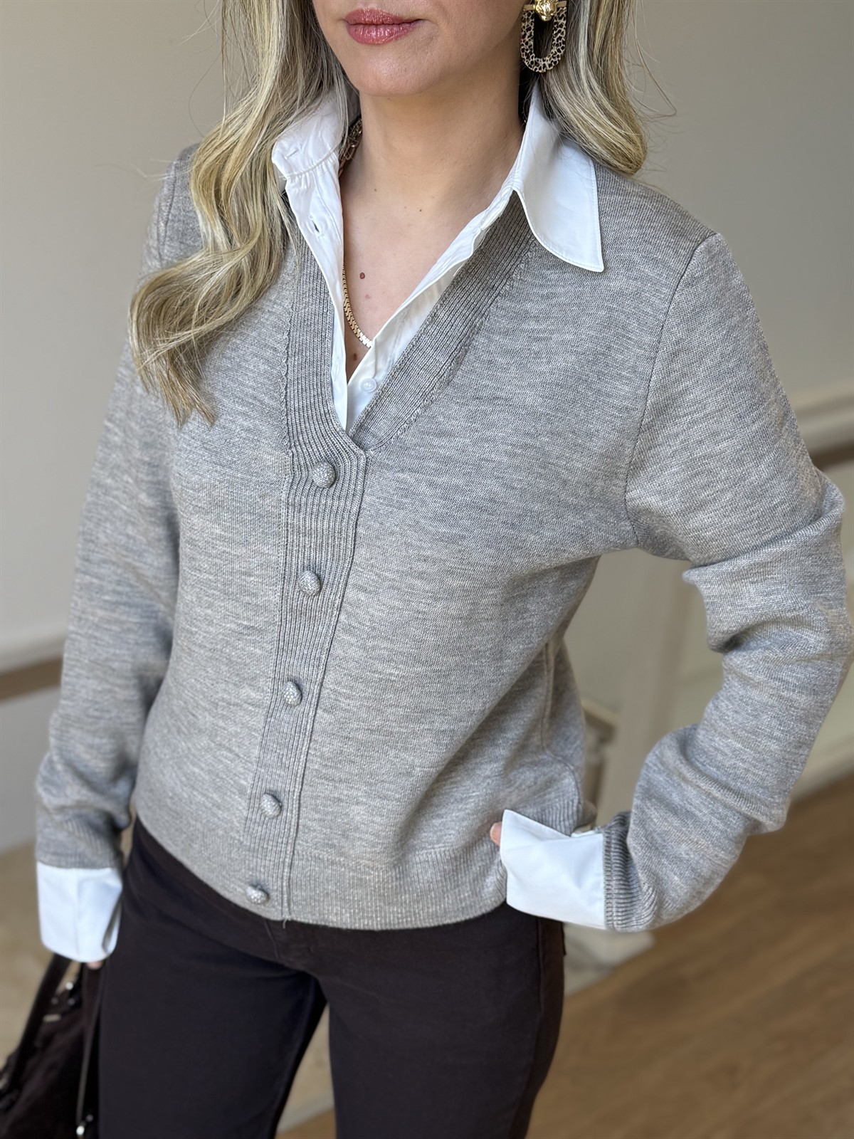 Gömlek Yaka Hırka - Vizon 