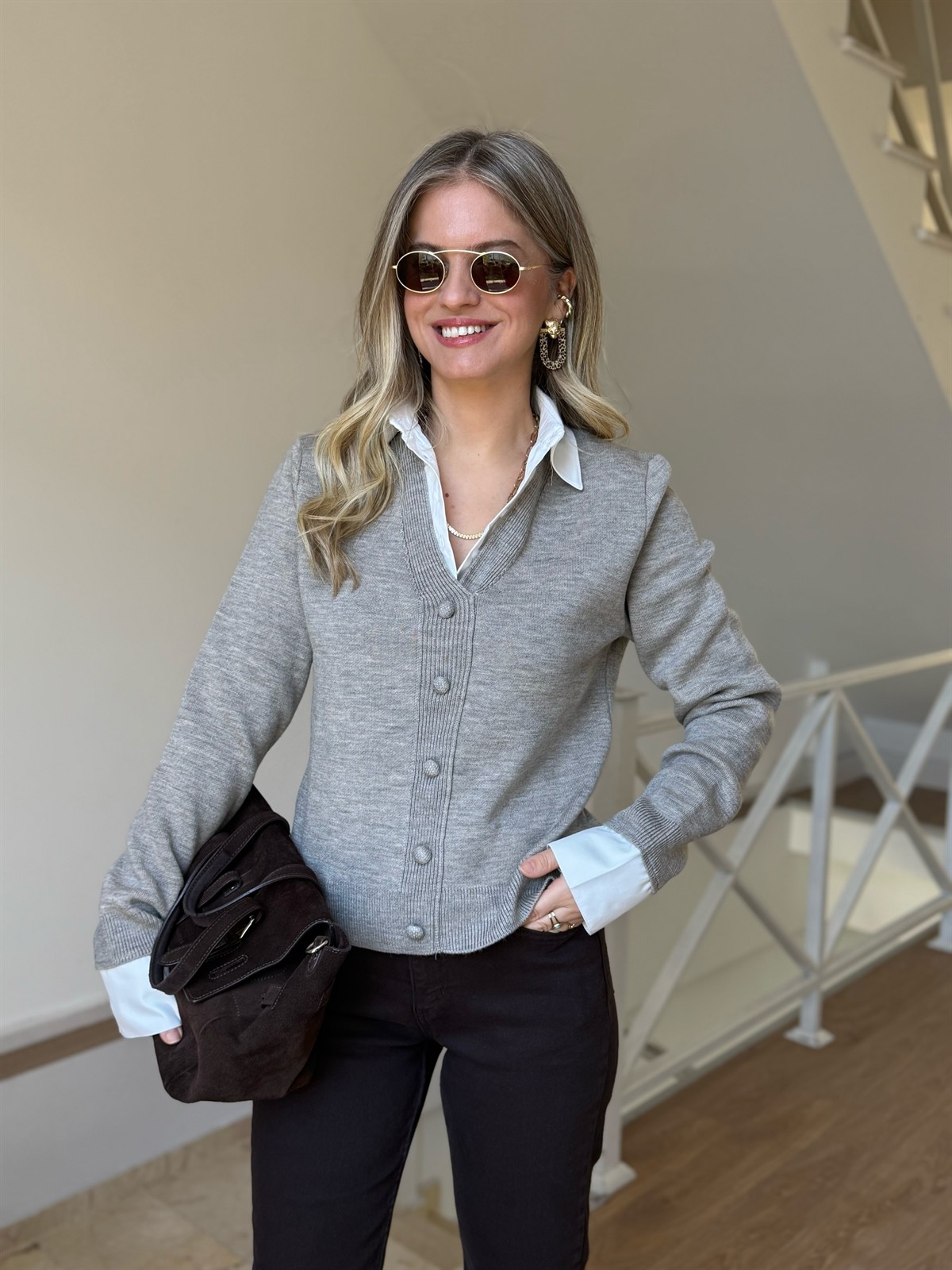 Gömlek Yaka Hırka - Vizon 