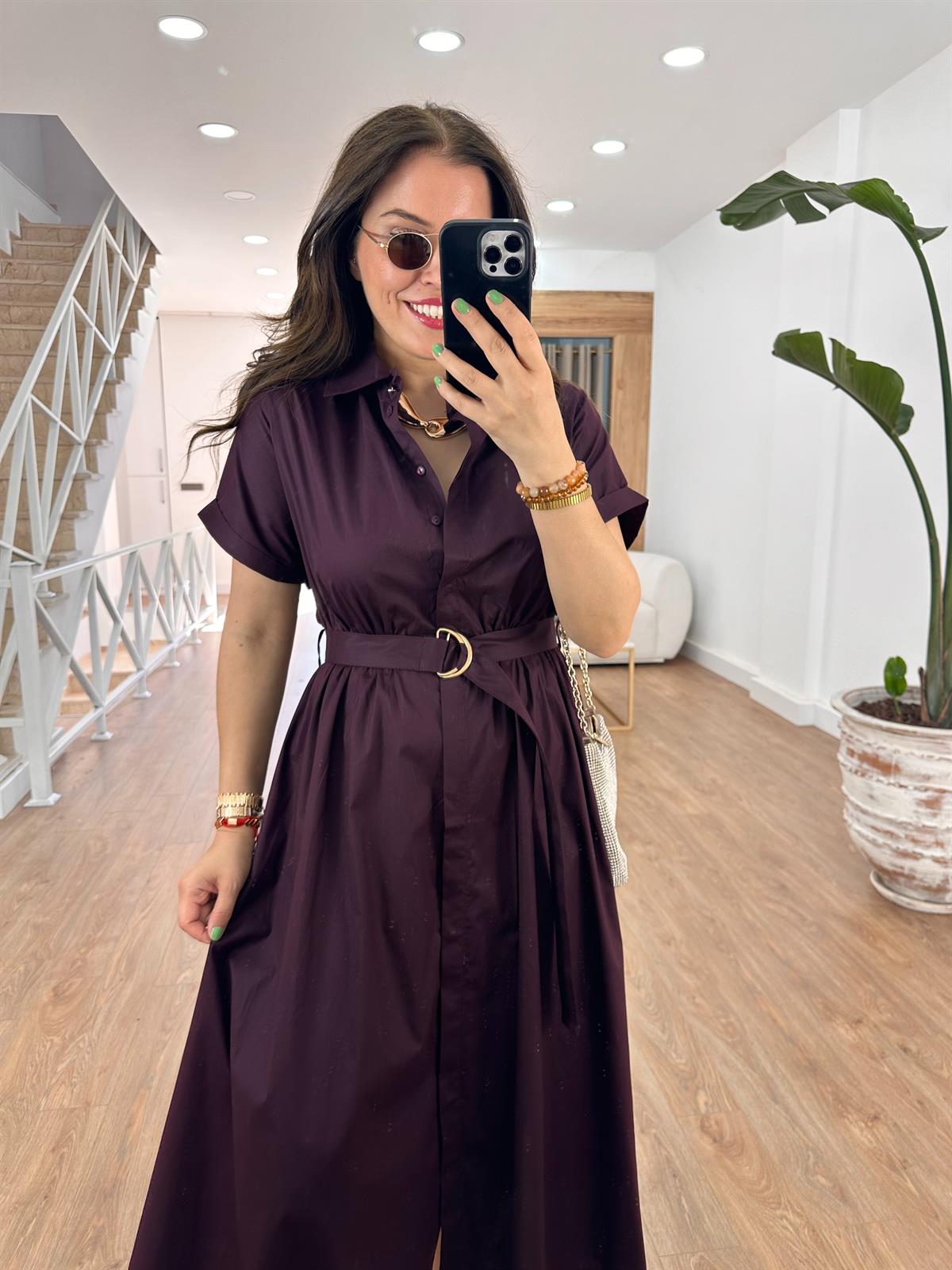 Gömlek Yaka Önü Düğmeli Elbise-Bordo