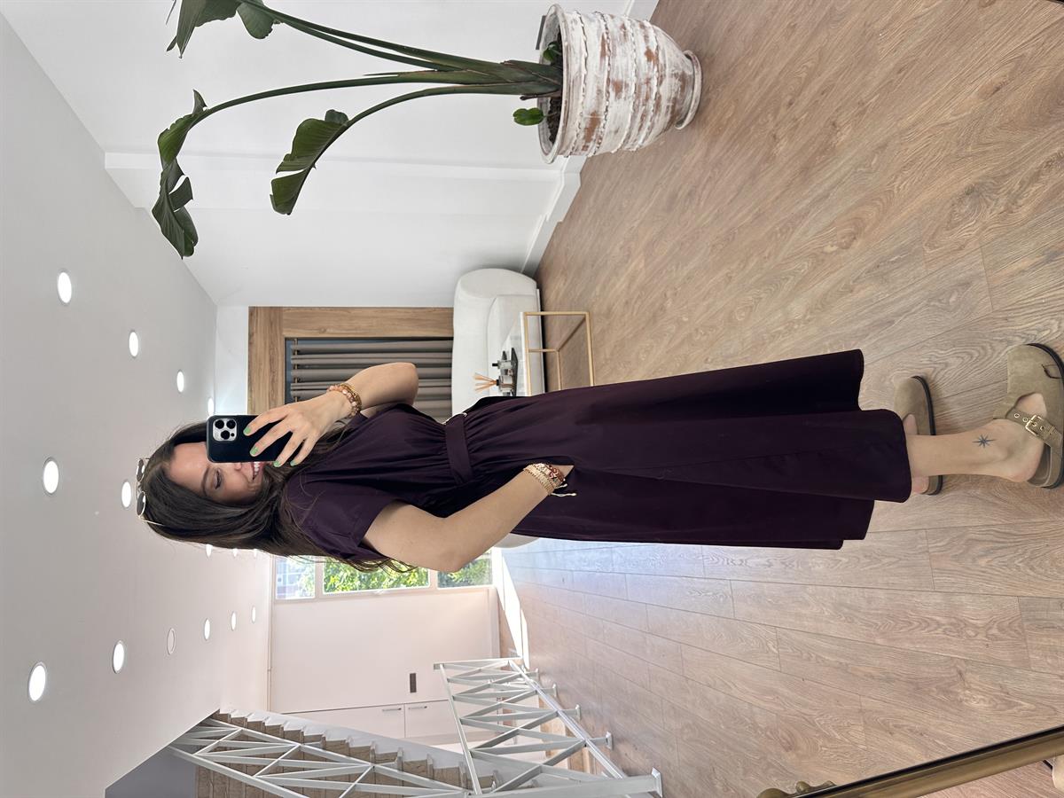 Gömlek Yaka Önü Düğmeli Elbise-Bordo