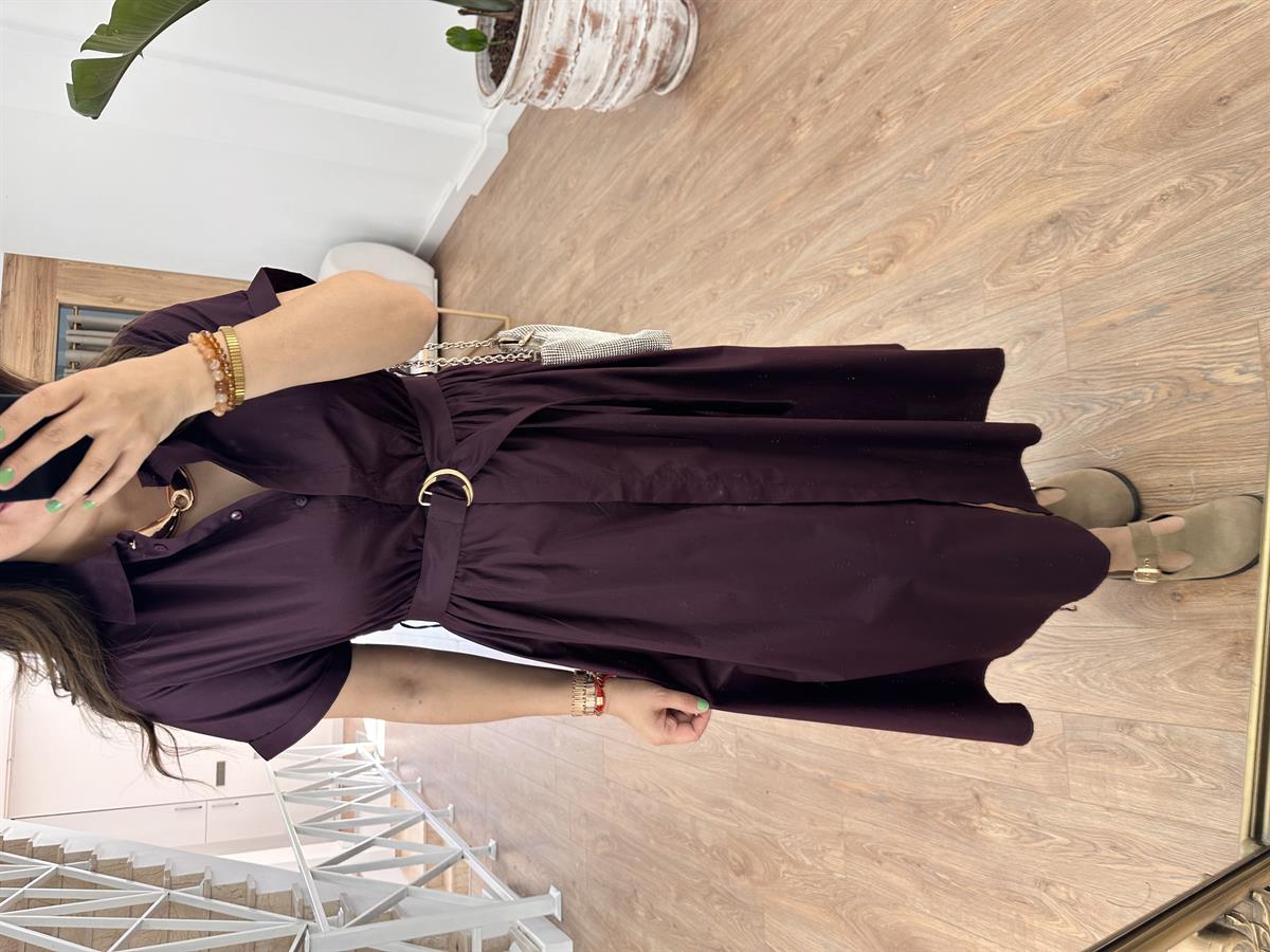 Gömlek Yaka Önü Düğmeli Elbise-Bordo