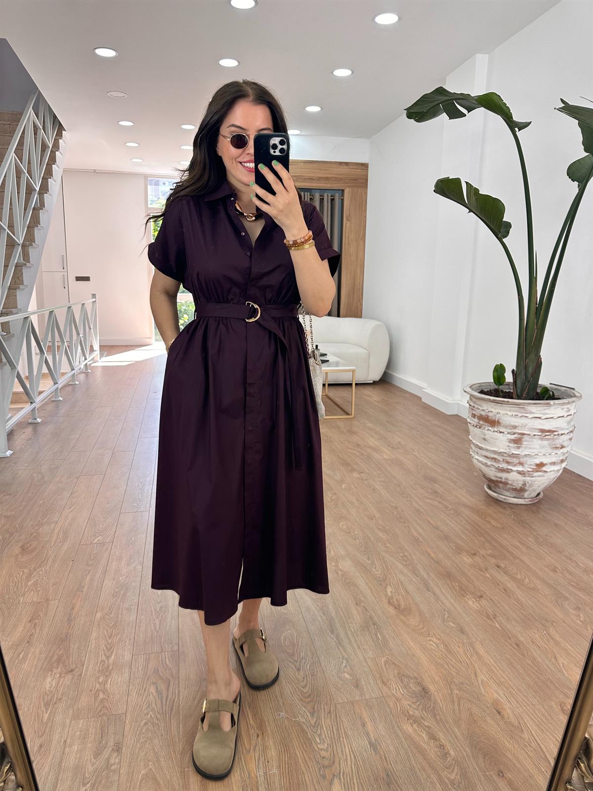 Gömlek Yaka Önü Düğmeli Elbise-Bordo