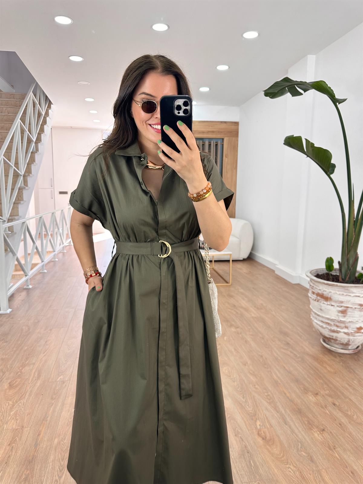 Gömlek Yaka Önü Düğmeli Elbise-Haki