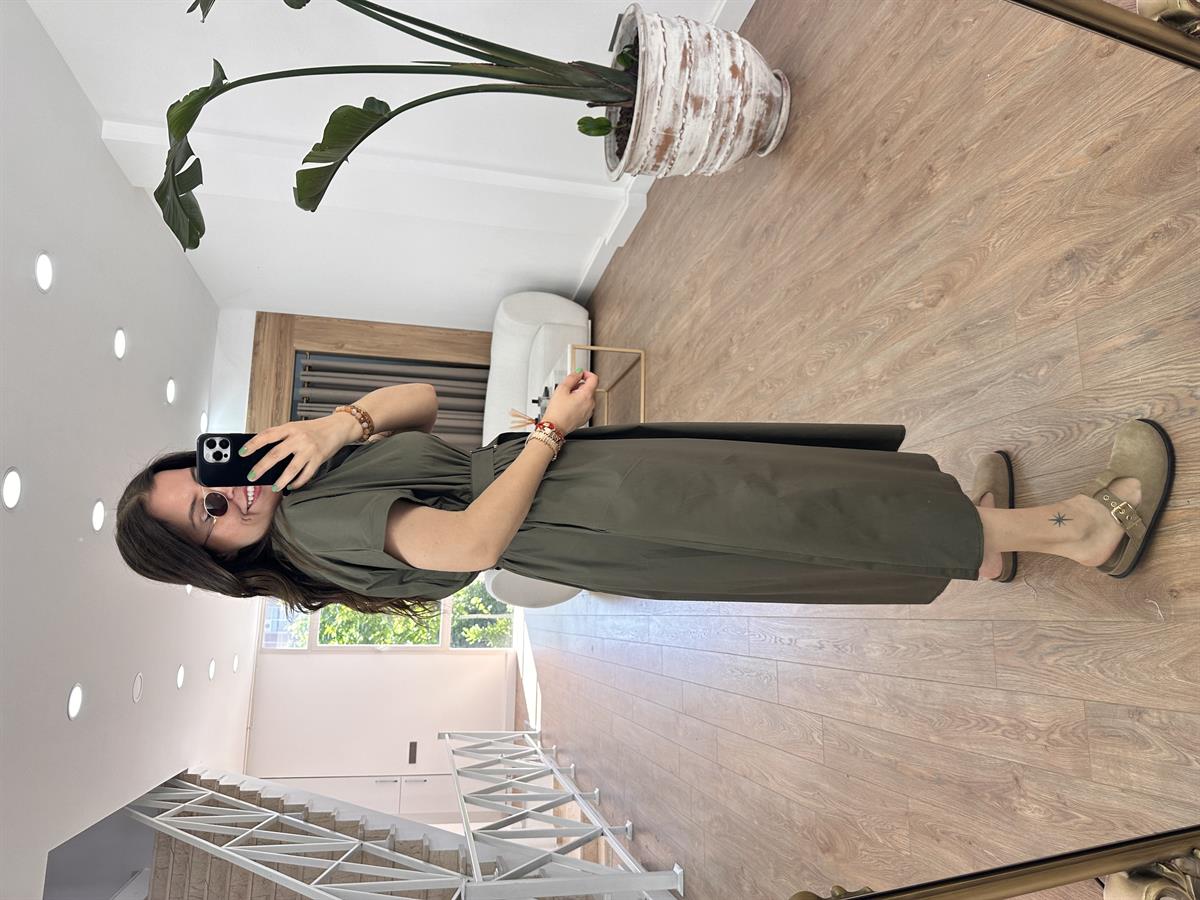 Gömlek Yaka Önü Düğmeli Elbise-Haki