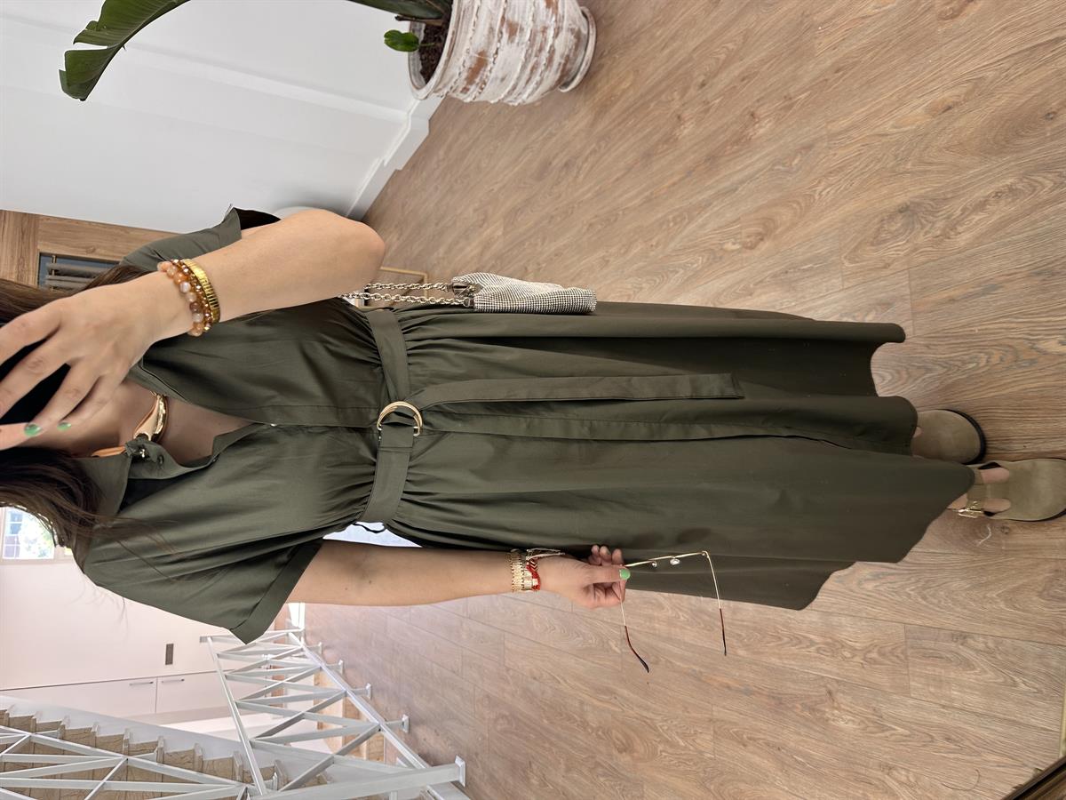 Gömlek Yaka Önü Düğmeli Elbise-Haki