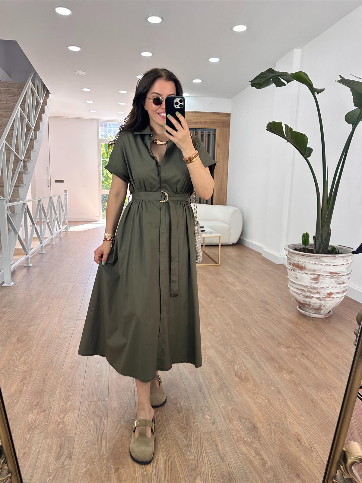 Gömlek Yaka Önü Düğmeli Elbise-Haki