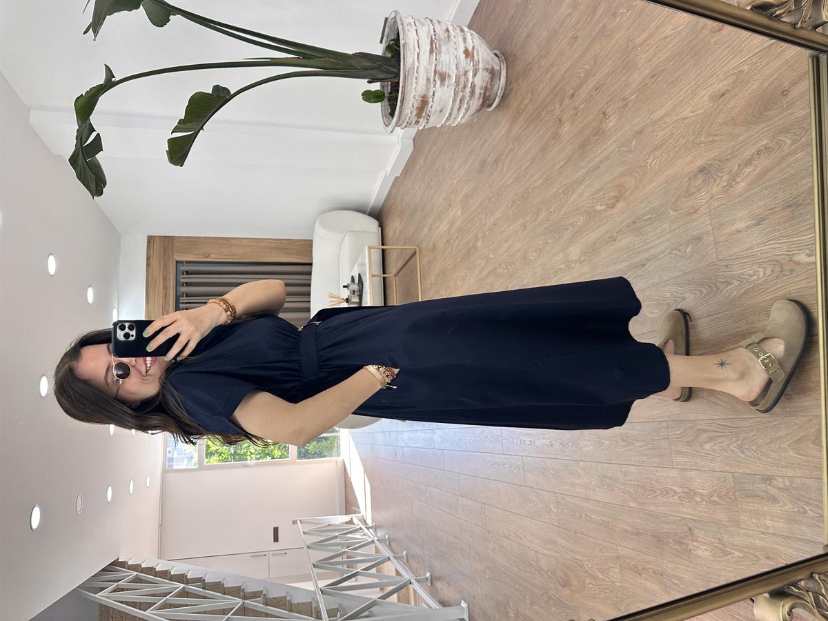 Gömlek Yaka Önü Düğmeli Elbise-Lacivert