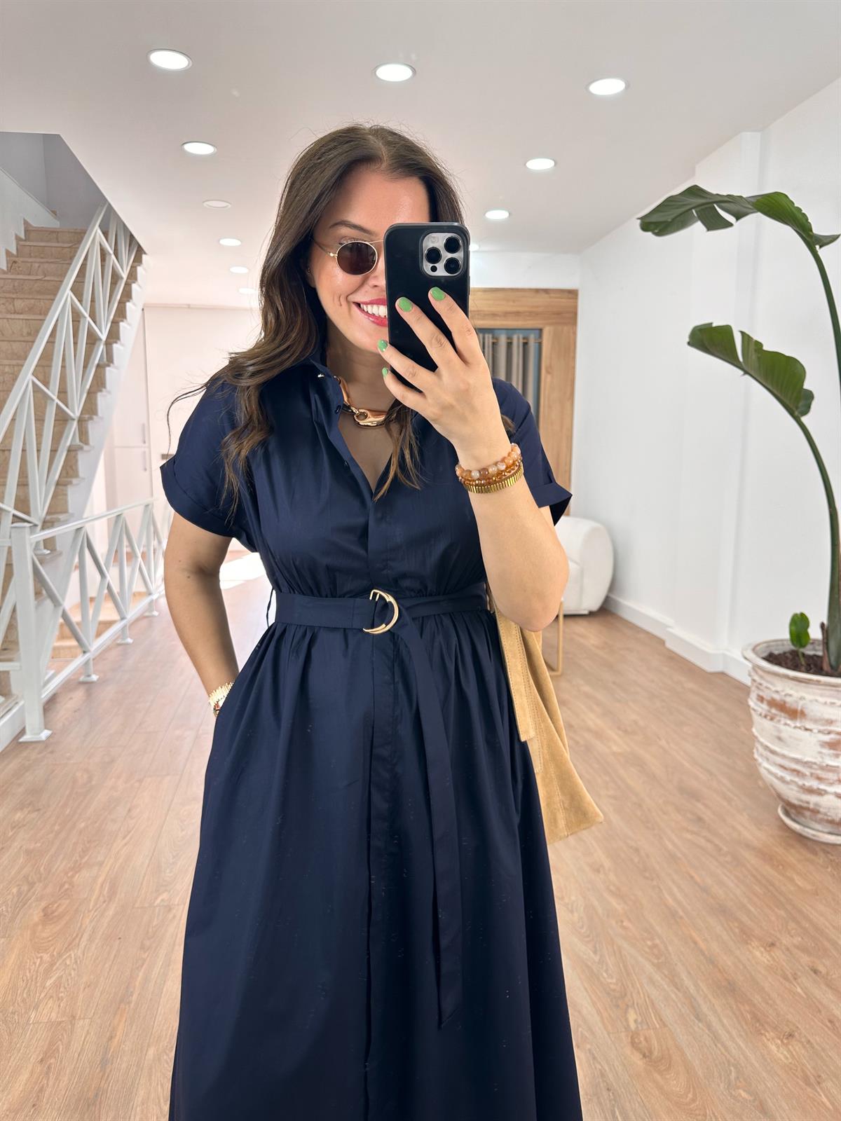 Gömlek Yaka Önü Düğmeli Elbise-Lacivert