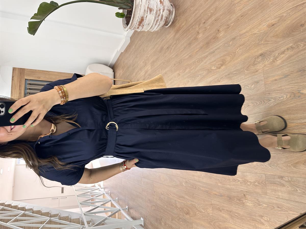 Gömlek Yaka Önü Düğmeli Elbise-Lacivert