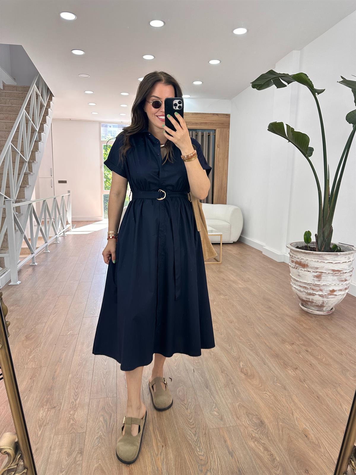 Gömlek Yaka Önü Düğmeli Elbise-Lacivert