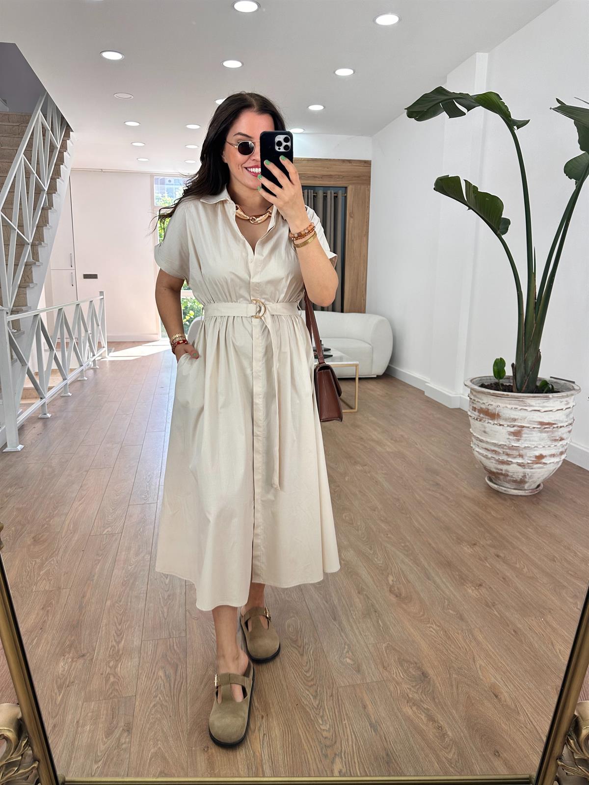 Gömlek Yaka Önü Düğmeli Elbise-Taş