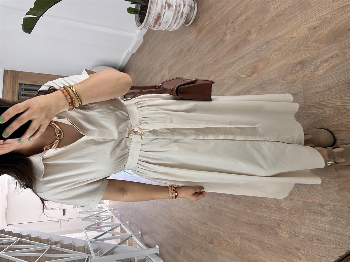 Gömlek Yaka Önü Düğmeli Elbise-Taş