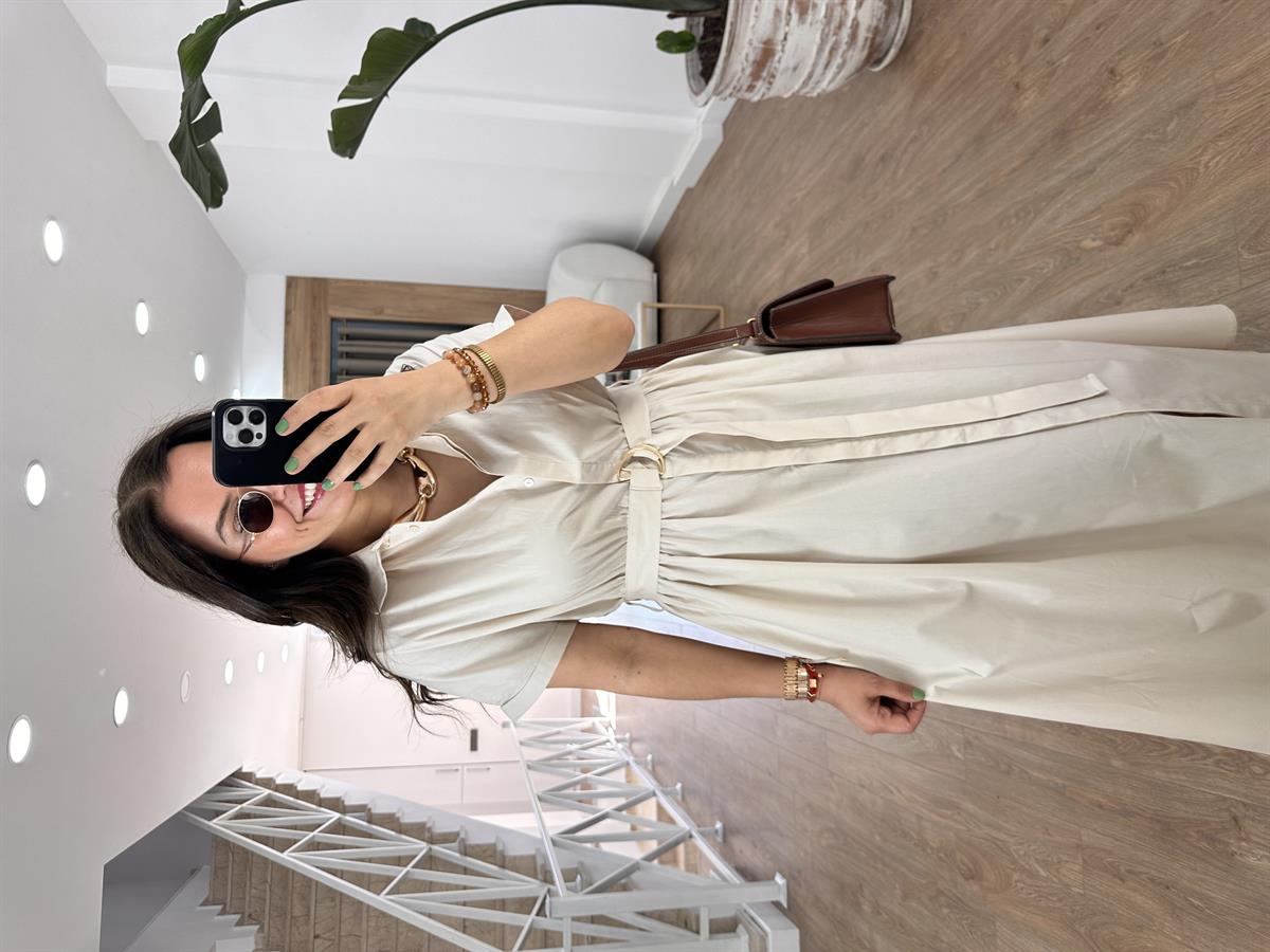 Gömlek Yaka Önü Düğmeli Elbise-Taş