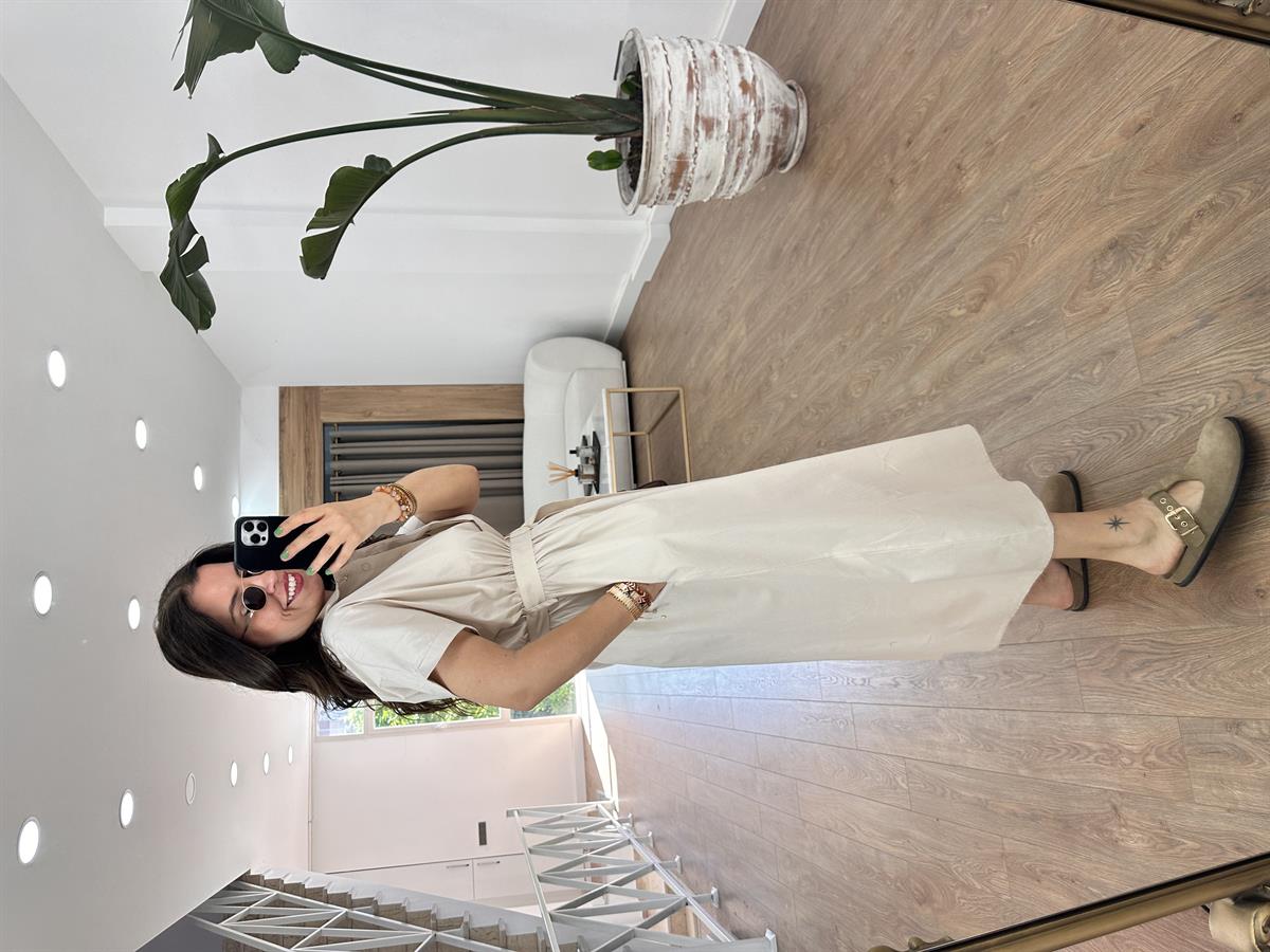 Gömlek Yaka Önü Düğmeli Elbise-Taş