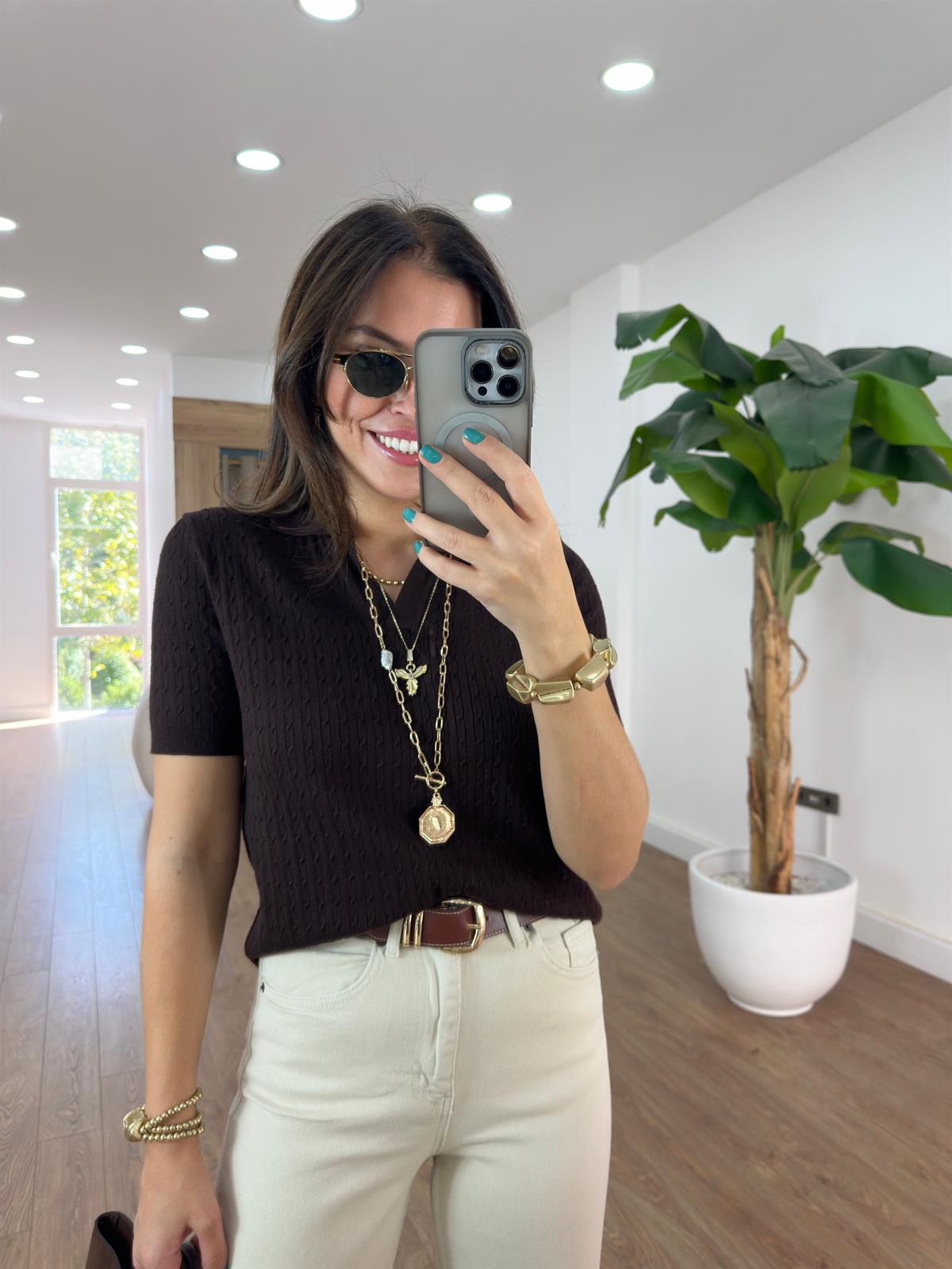 Gömlek Yaka Örme Kısa Kollu Kazak - Acı Kahve 