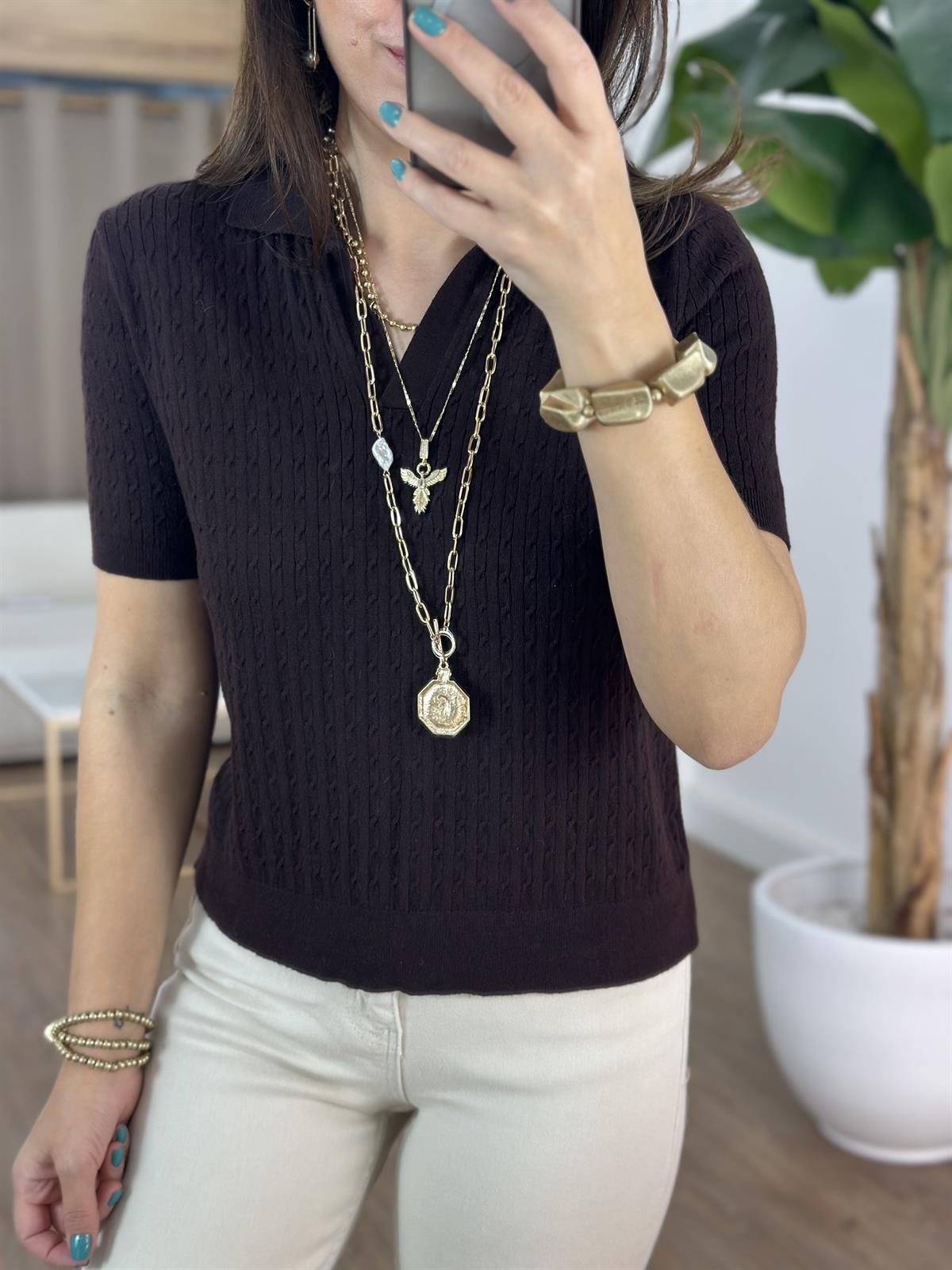 Gömlek Yaka Örme Kısa Kollu Kazak - Acı Kahve 