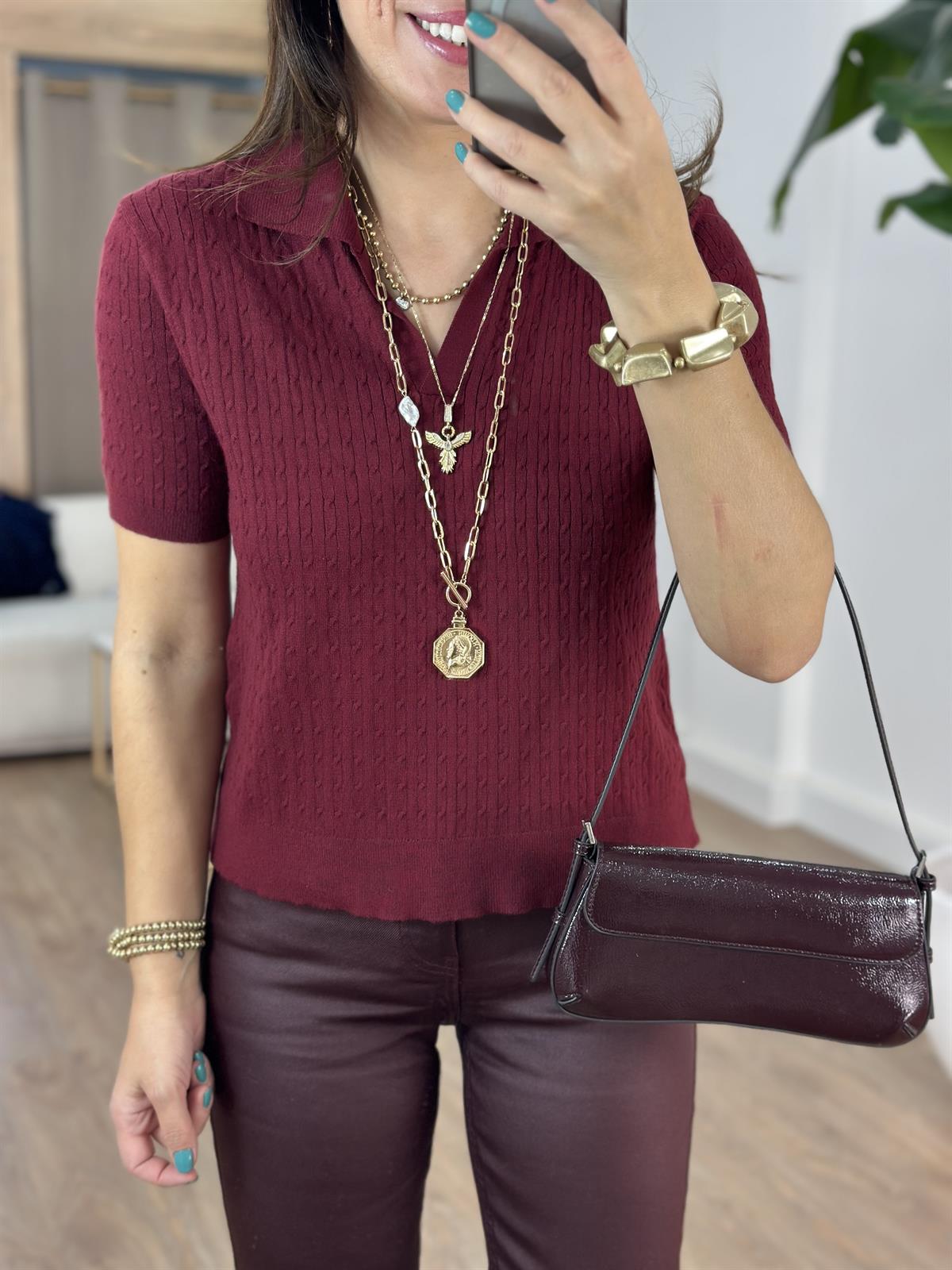 Gömlek Yaka Örme Kısa Kollu Kazak - Bordo