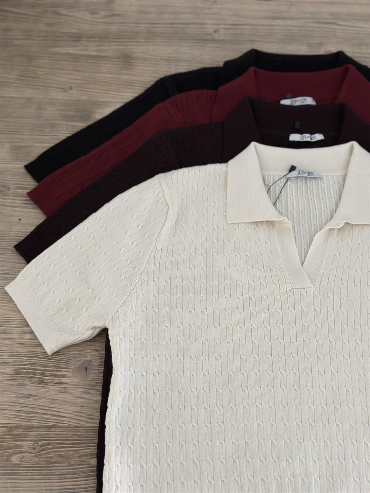 Gömlek Yaka Örme Kısa Kollu Kazak - Bordo