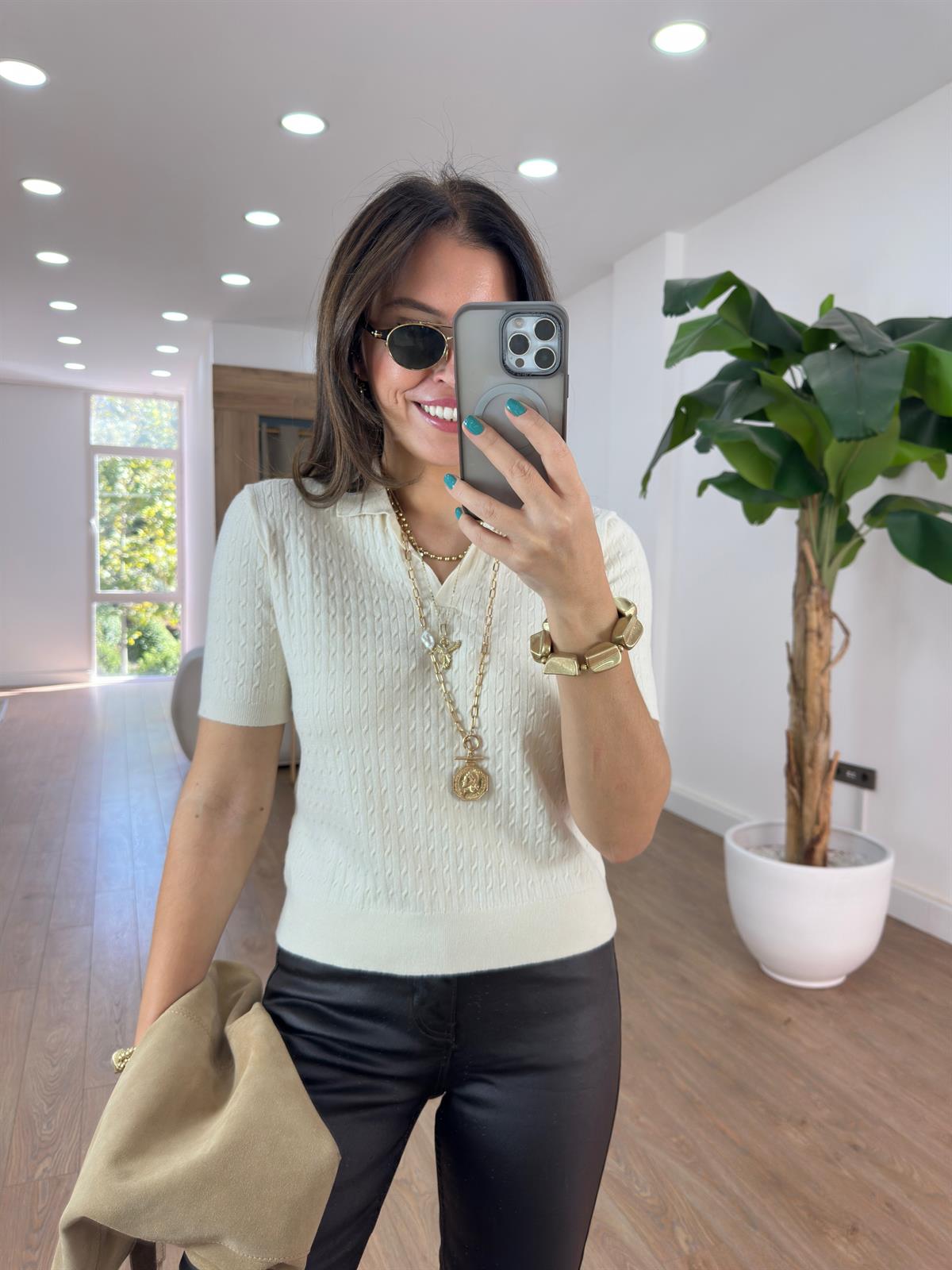 Gömlek Yaka Örme Kısa Kollu Kazak - Ekru