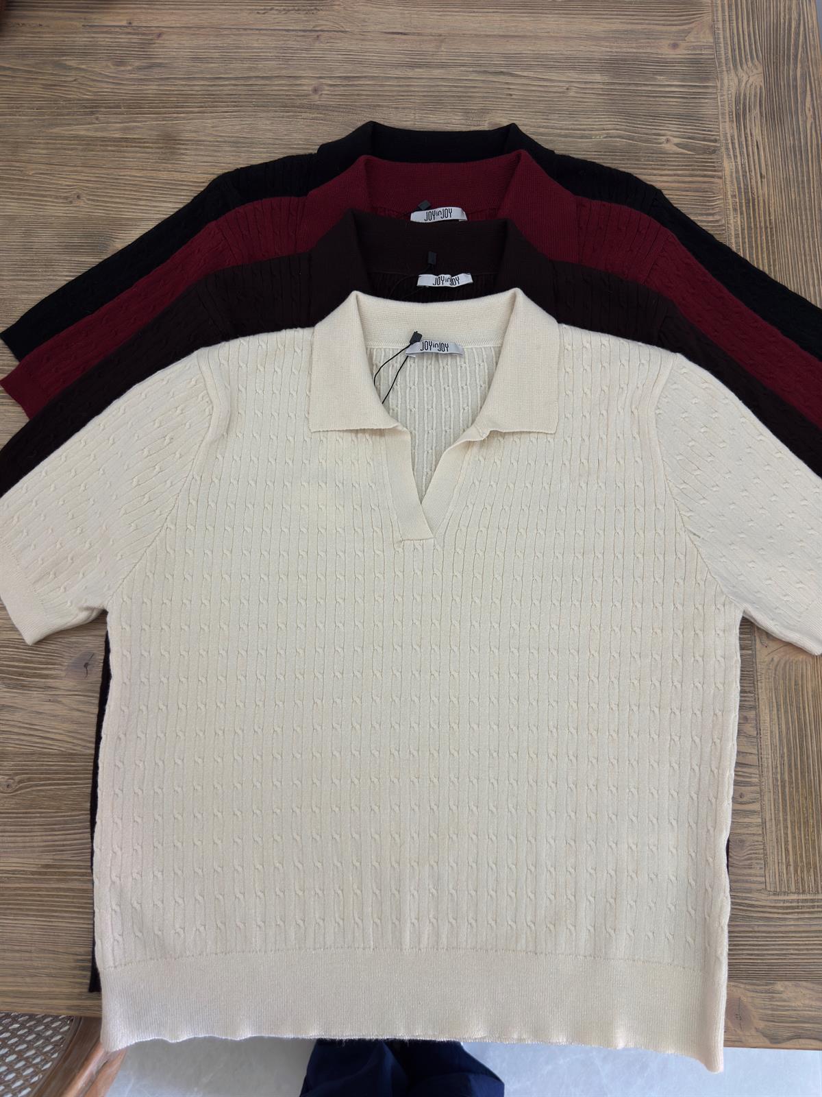 Gömlek Yaka Örme Kısa Kollu Kazak - Ekru