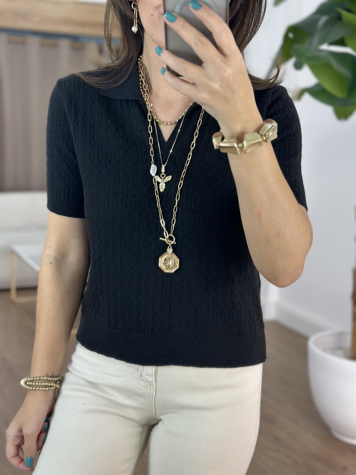 Gömlek Yaka Örme Kısa Kollu Kazak - Siyah