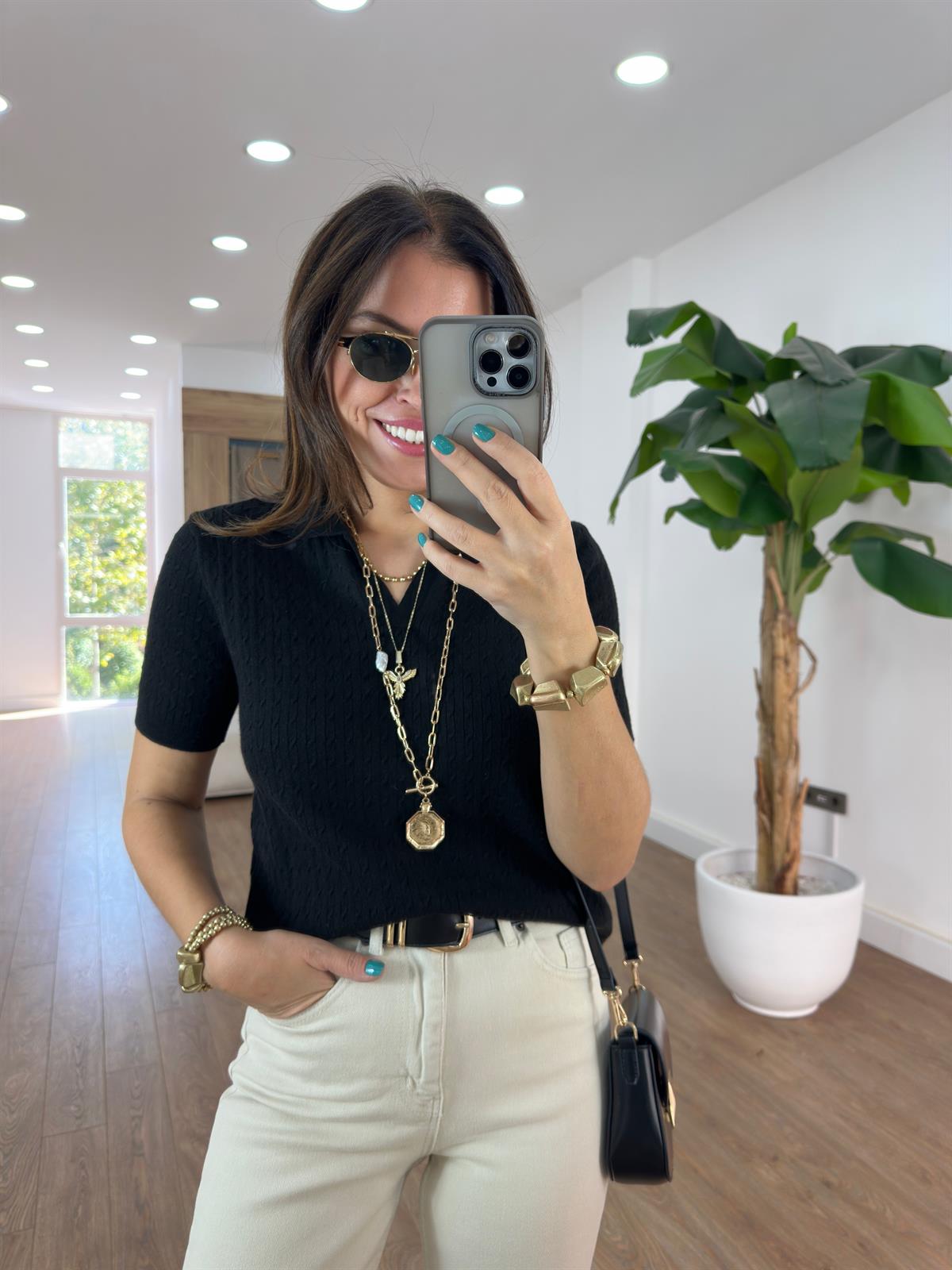 Gömlek Yaka Örme Kısa Kollu Kazak - Siyah