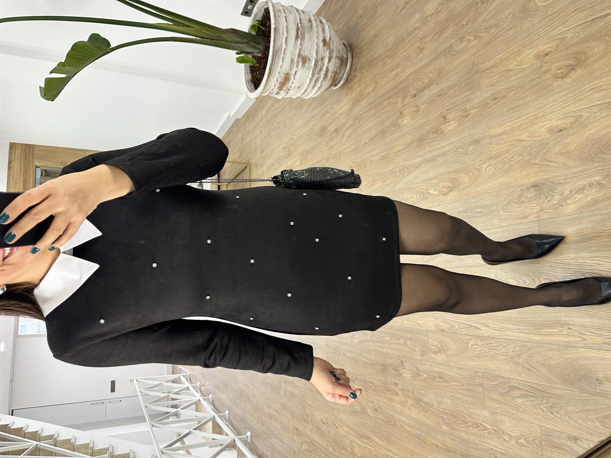 Gömlek Yaka Taşlı Süet Elbise