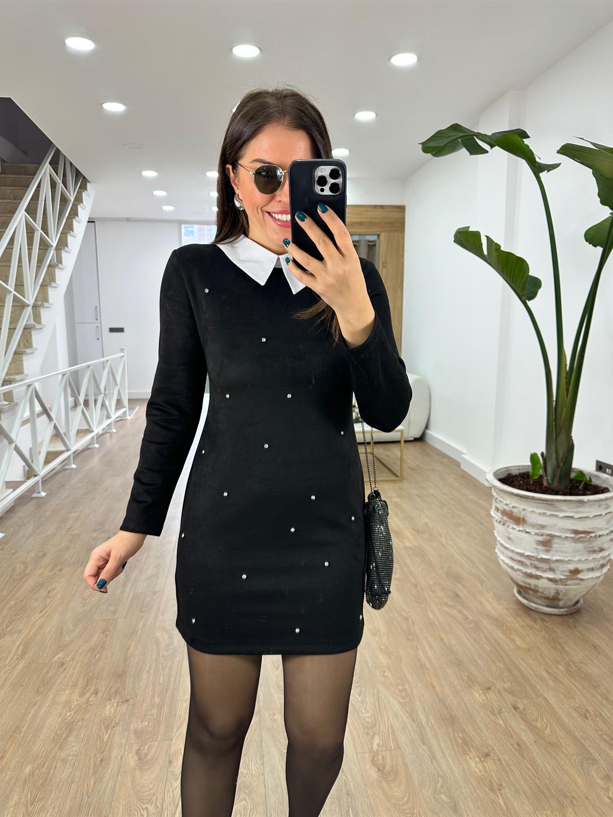 Gömlek Yaka Taşlı Süet Elbise