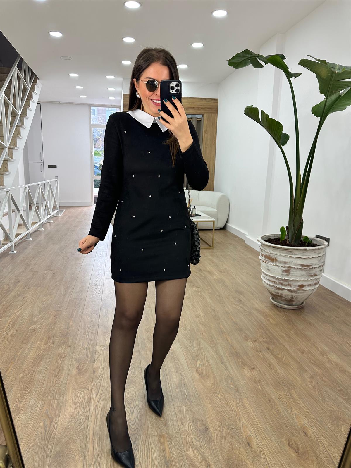 Gömlek Yaka Taşlı Süet Elbise