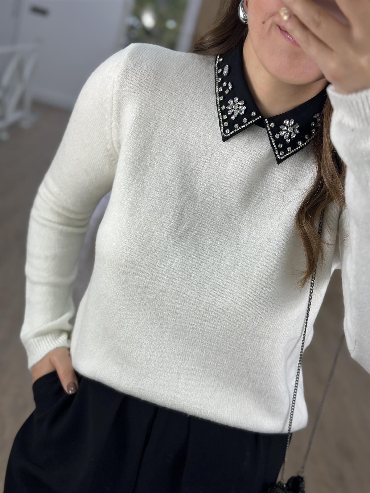 Gömlek Yaka Taşlı Triko-Ekru