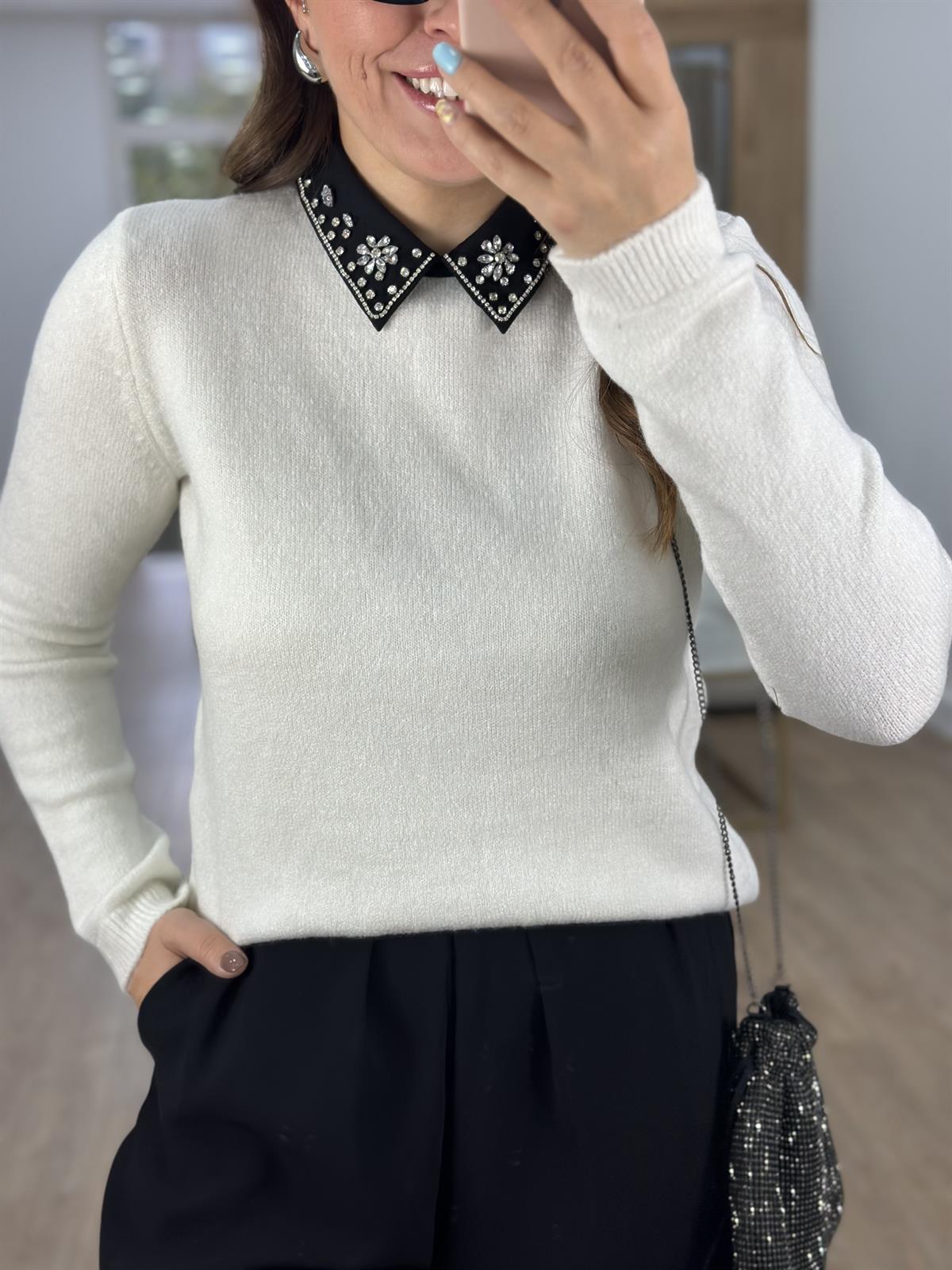 Gömlek Yaka Taşlı Triko-Ekru