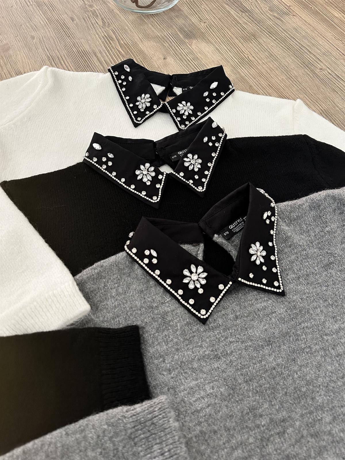 Gömlek Yaka Taşlı Triko-Gri