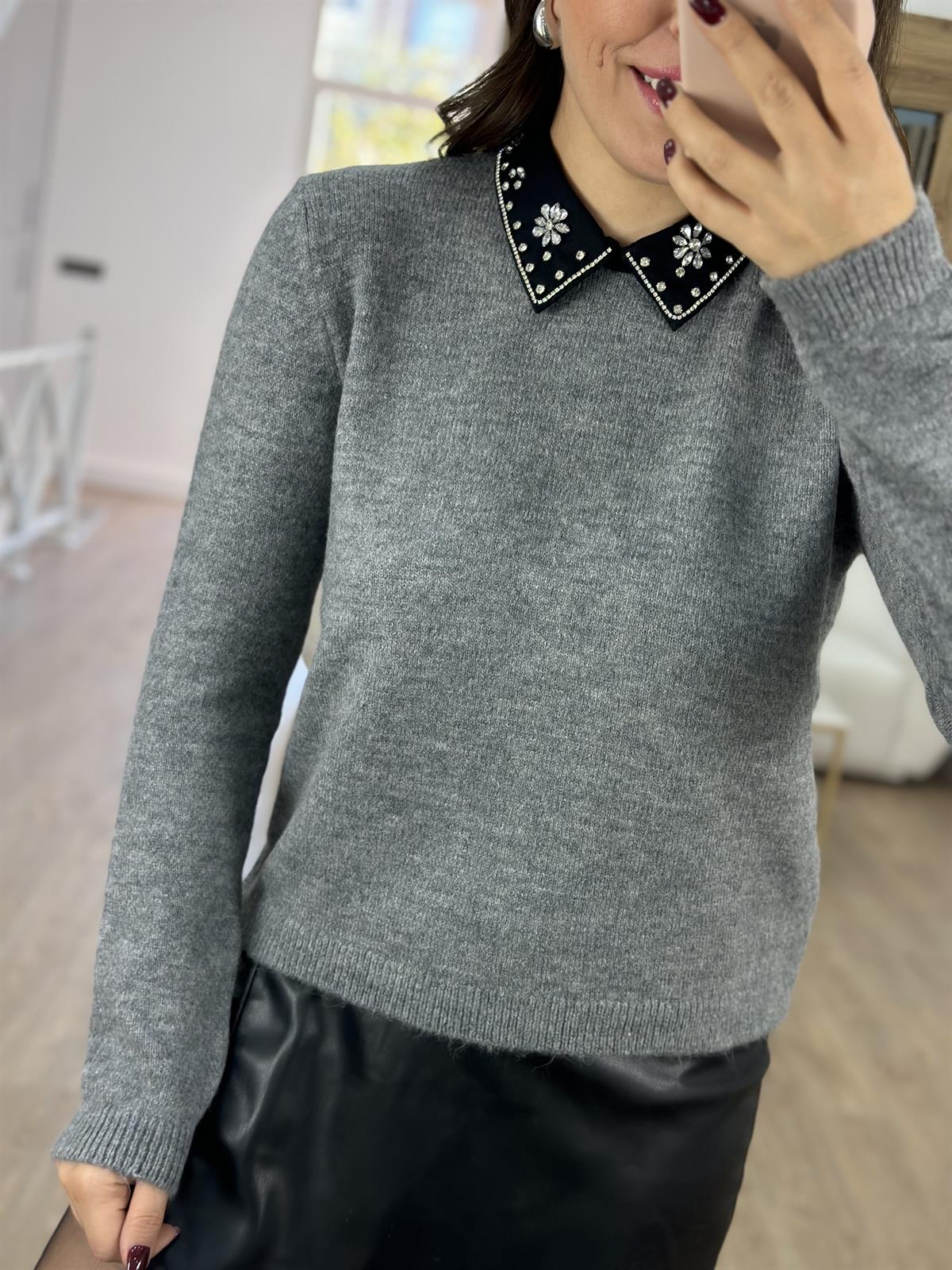 Gömlek Yaka Taşlı Triko-Gri